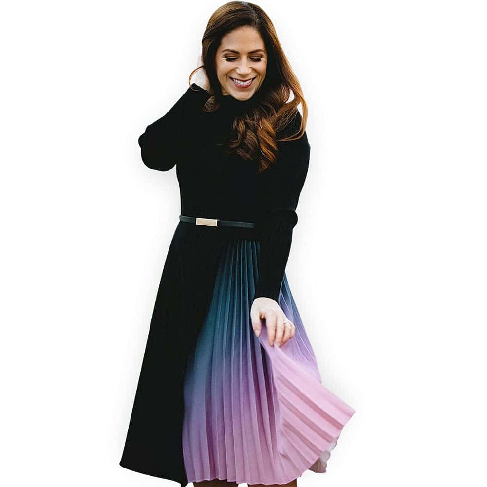 A Woman Wearing A Black And Purple Pleated Skirt
