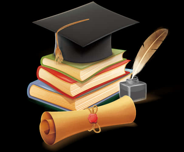 Graduation Cap Books Diploma Quill PNG