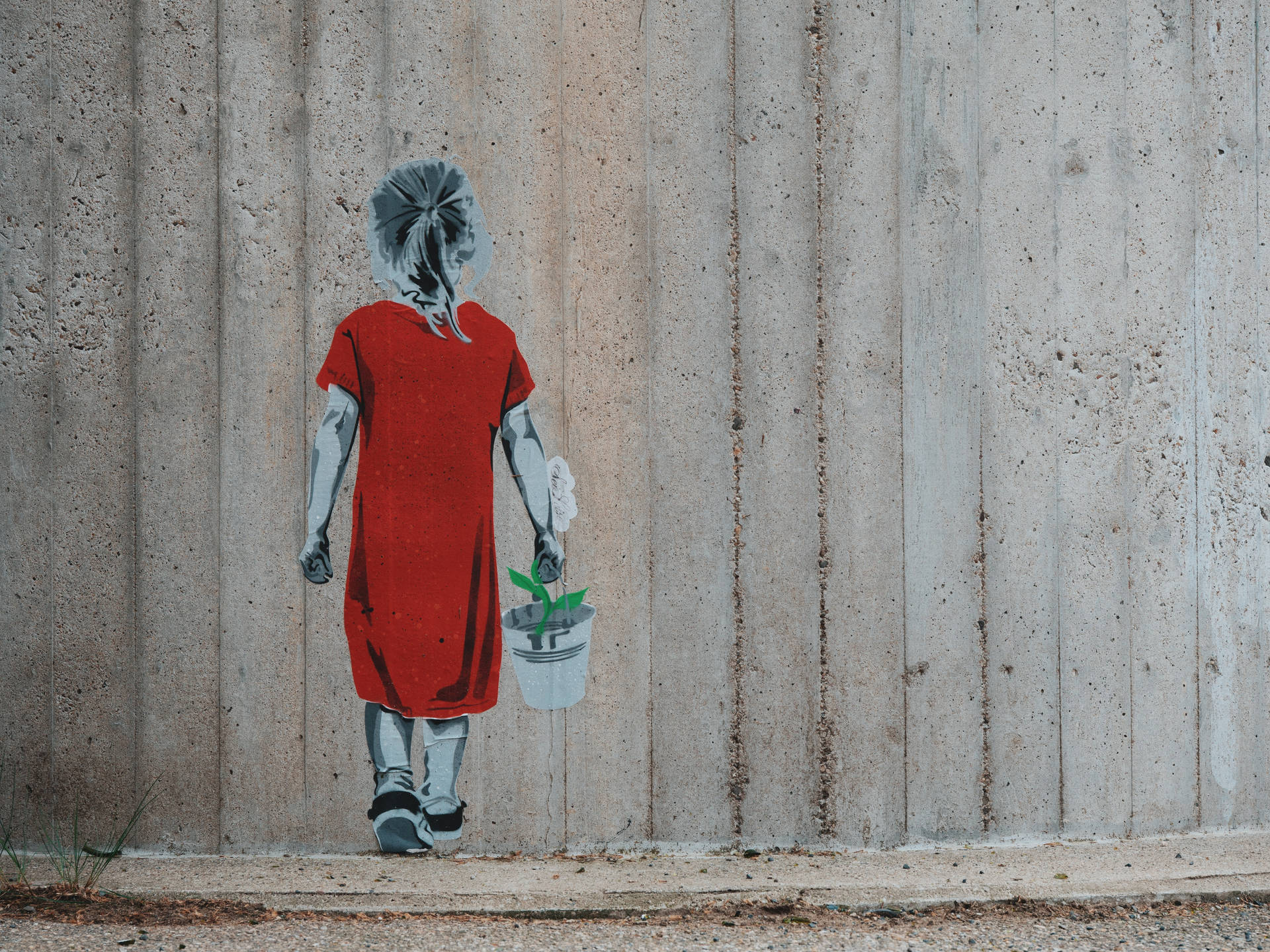 Lovely graffiti wallpaper of girl in red dress with bucket of plant.