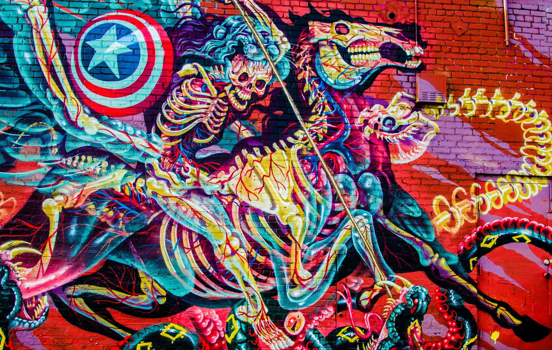 Graffiti Wall Featuring A Skeleton Man Background