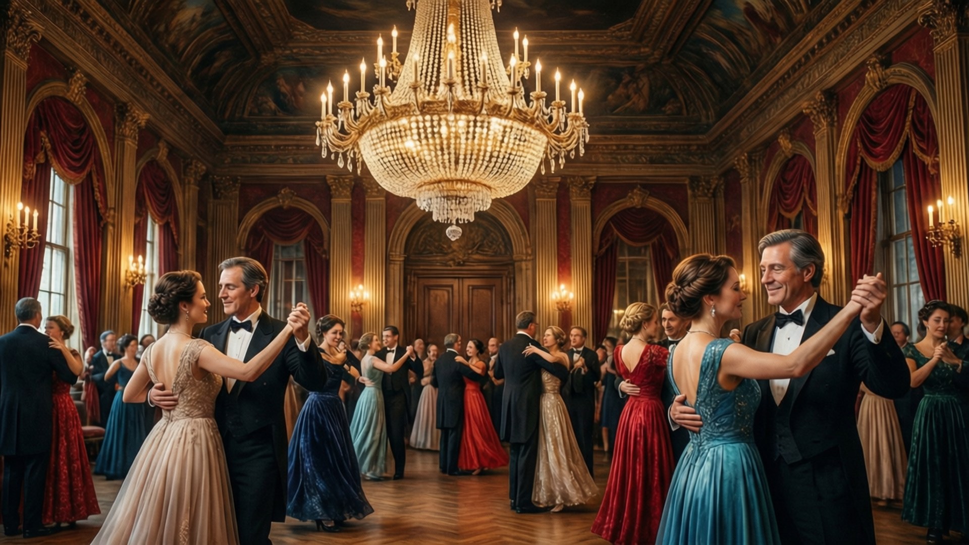 Elegant ballsalsscene på Saltburn med dansere og lysekrone.