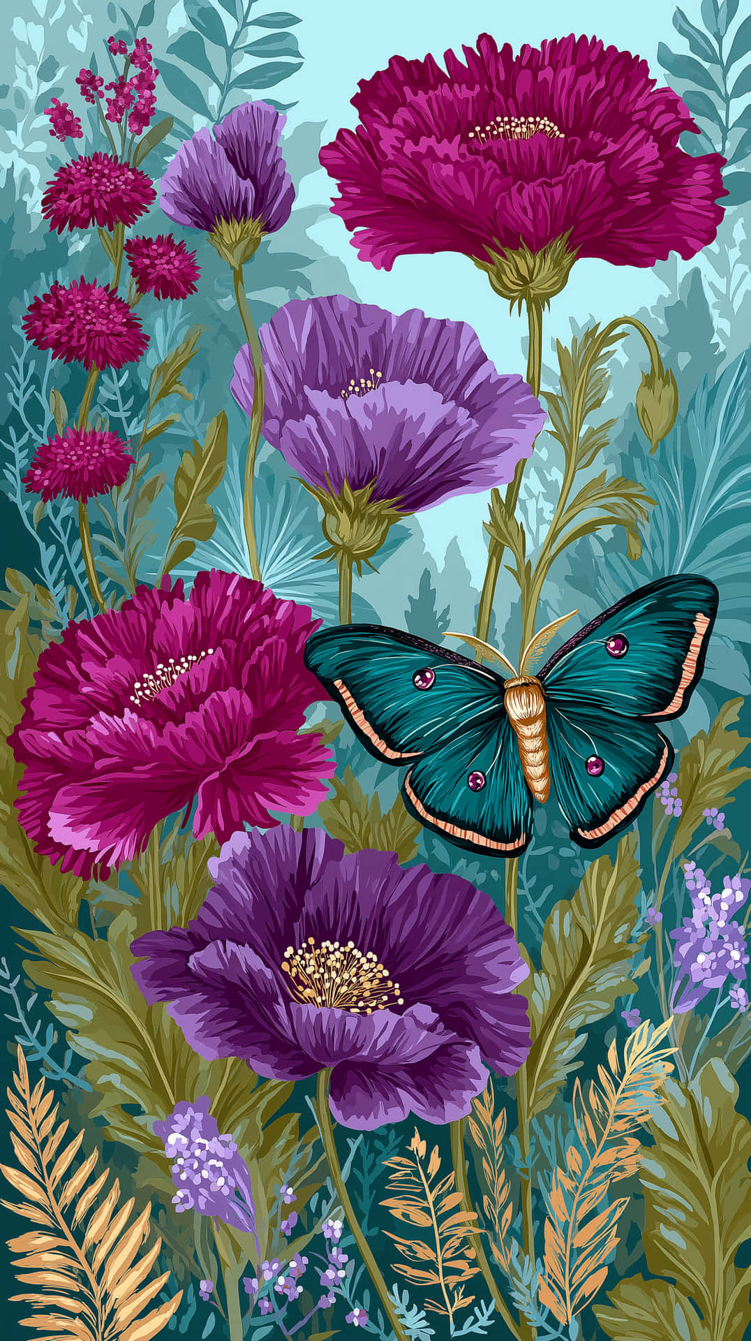 Grand Luna Moth And Large Wildflowers Seamless Pattern Wallpaper