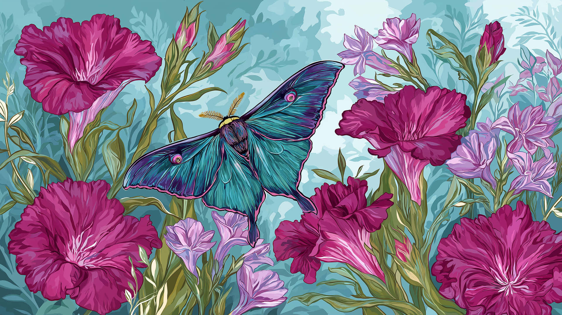 Grand Luna Moth And Large Wildflowers Seamless Pattern Wallpaper