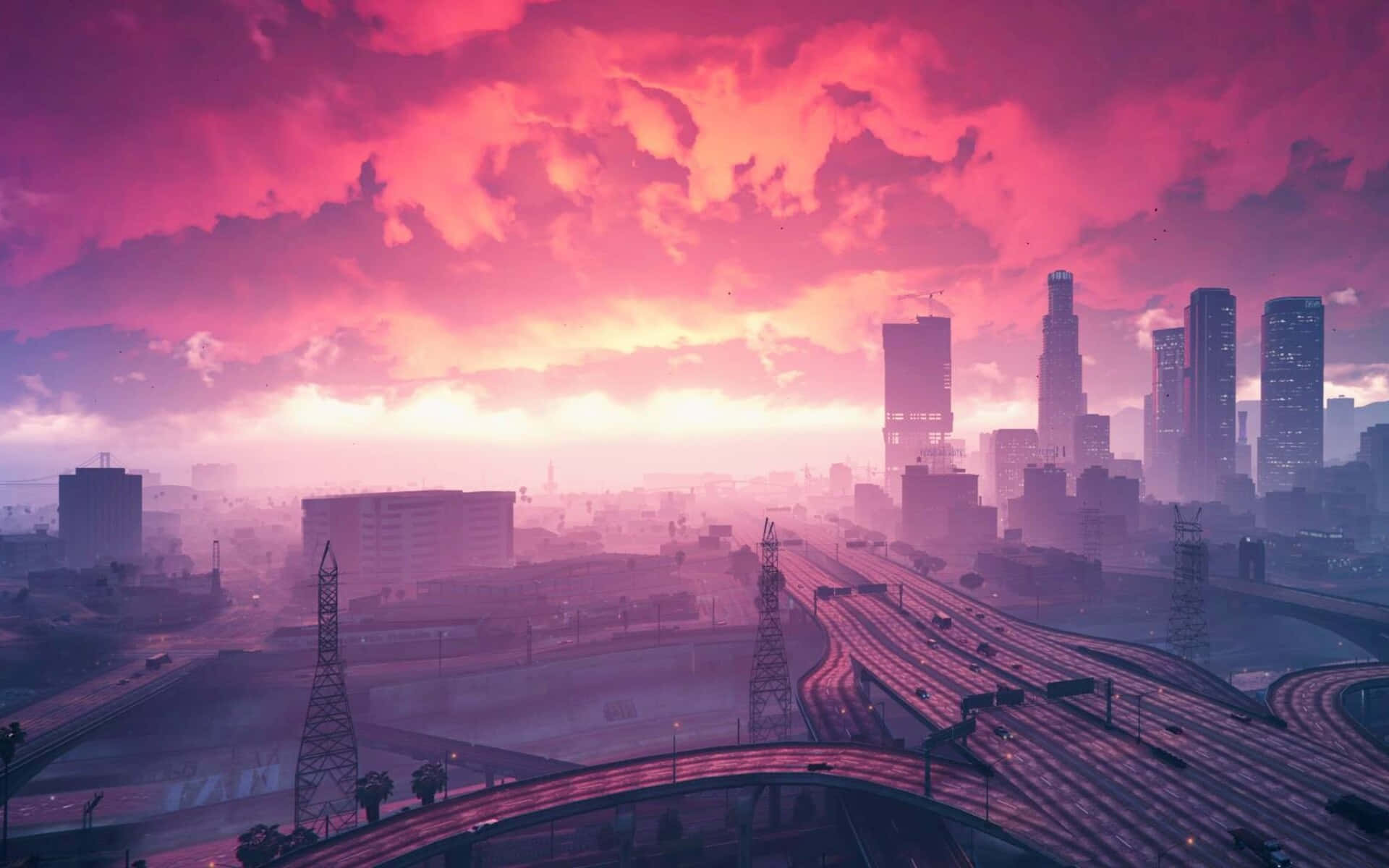 A Cityscape With A Pink Sky And Highways