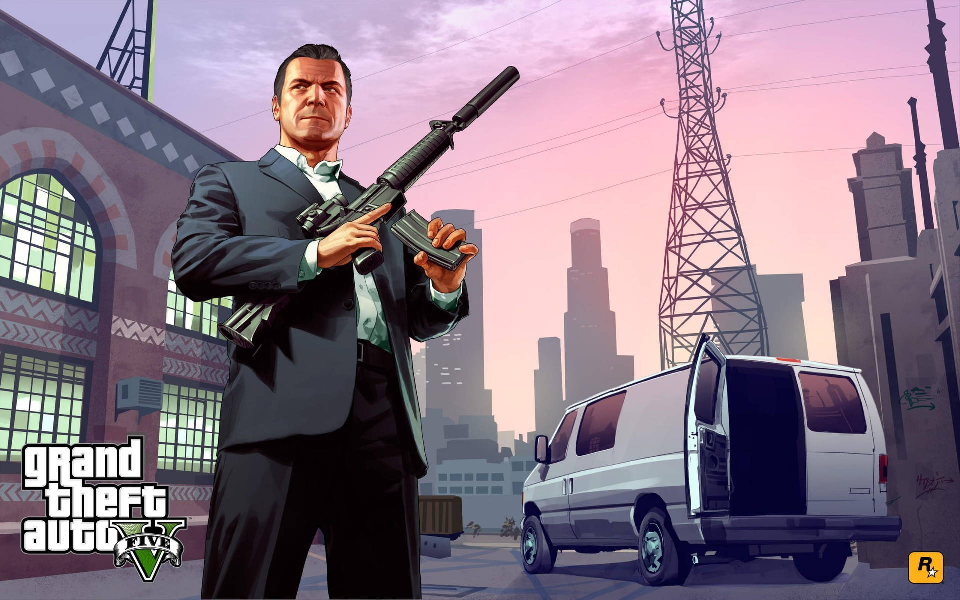 Grand Theft Auto V Michael Suit And Rifle Wallpaper