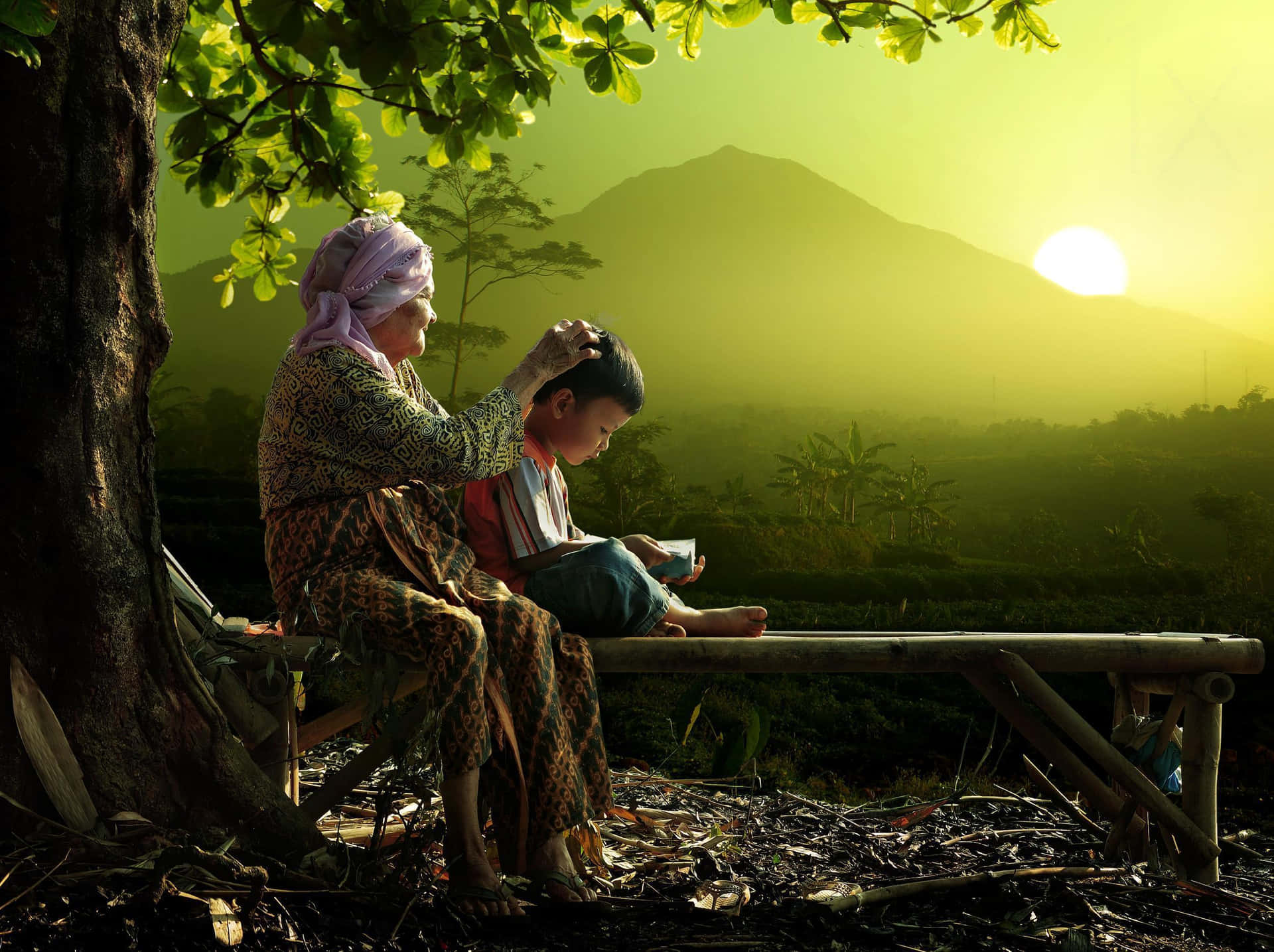 Grandma_and_ Child_ Reading_at_ Sunset Wallpaper