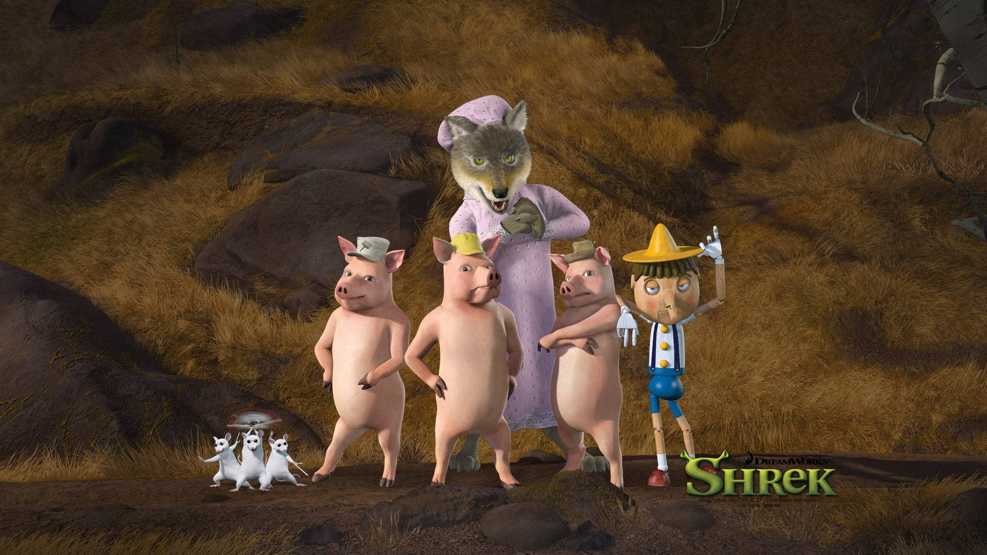 Abuelitalobo Con Los Cerditos De Shrek Para Siempre Jamás Fondo de pantalla