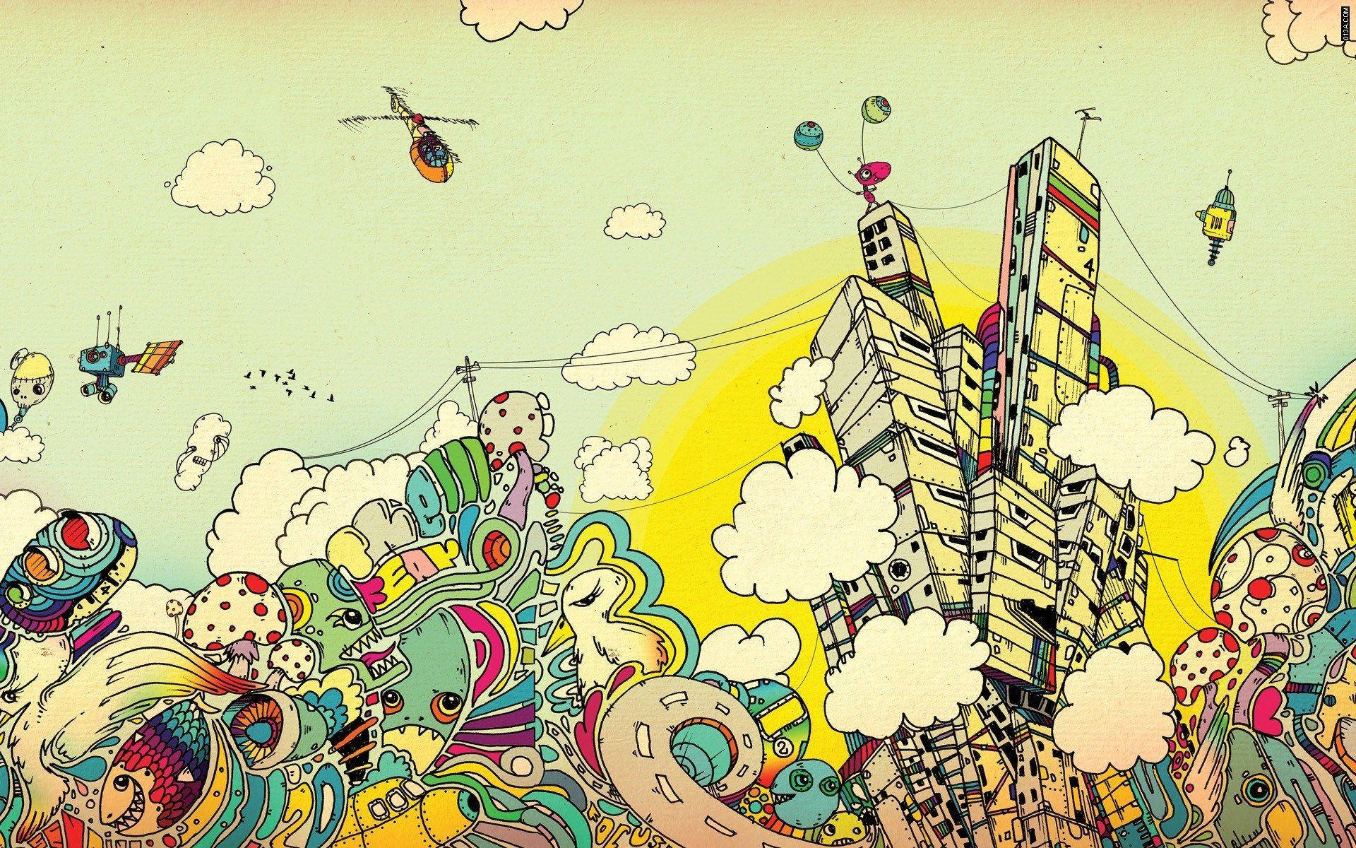 Graphic Design Cartoon-style Utopia Wallpaper
