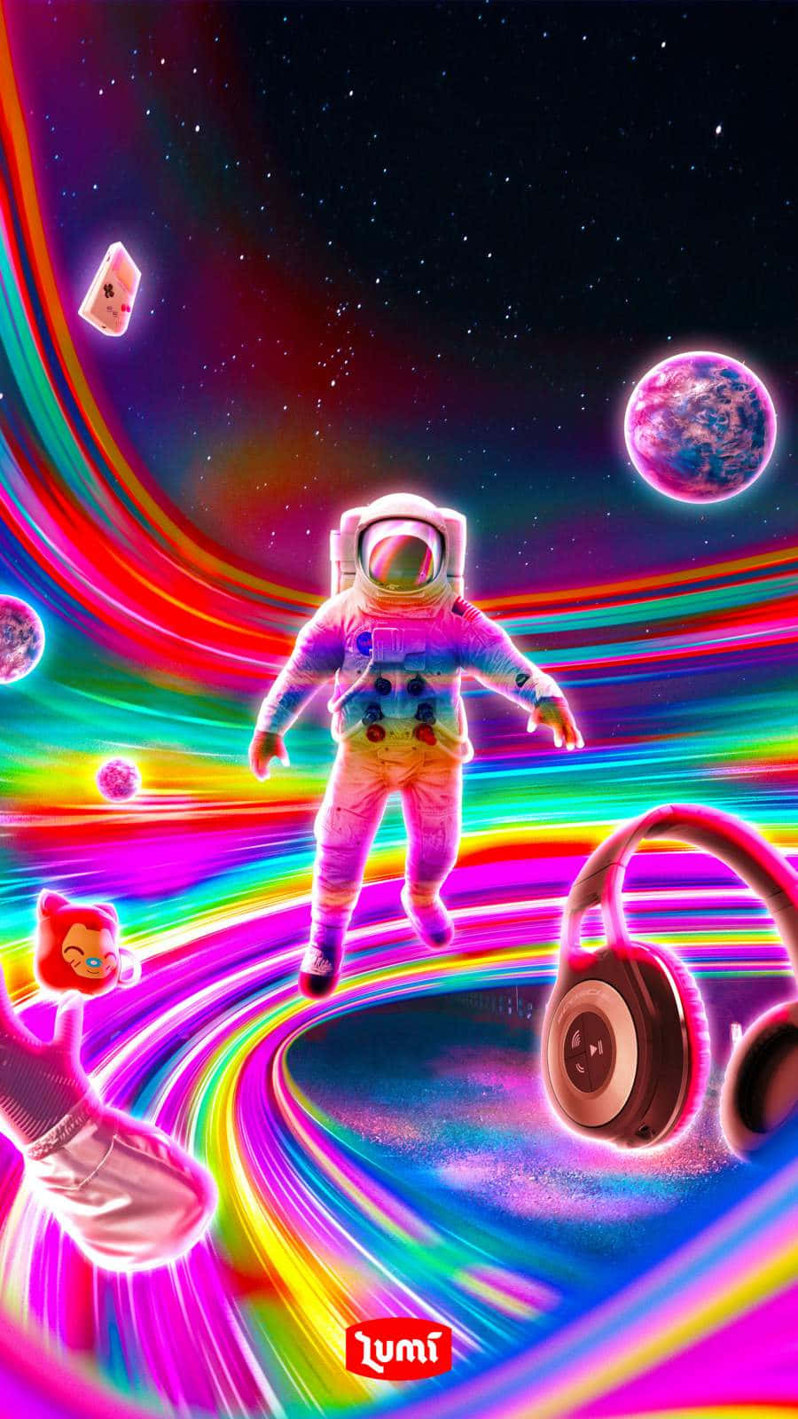 Et farverigt billede af en astronaut i rummet. Wallpaper