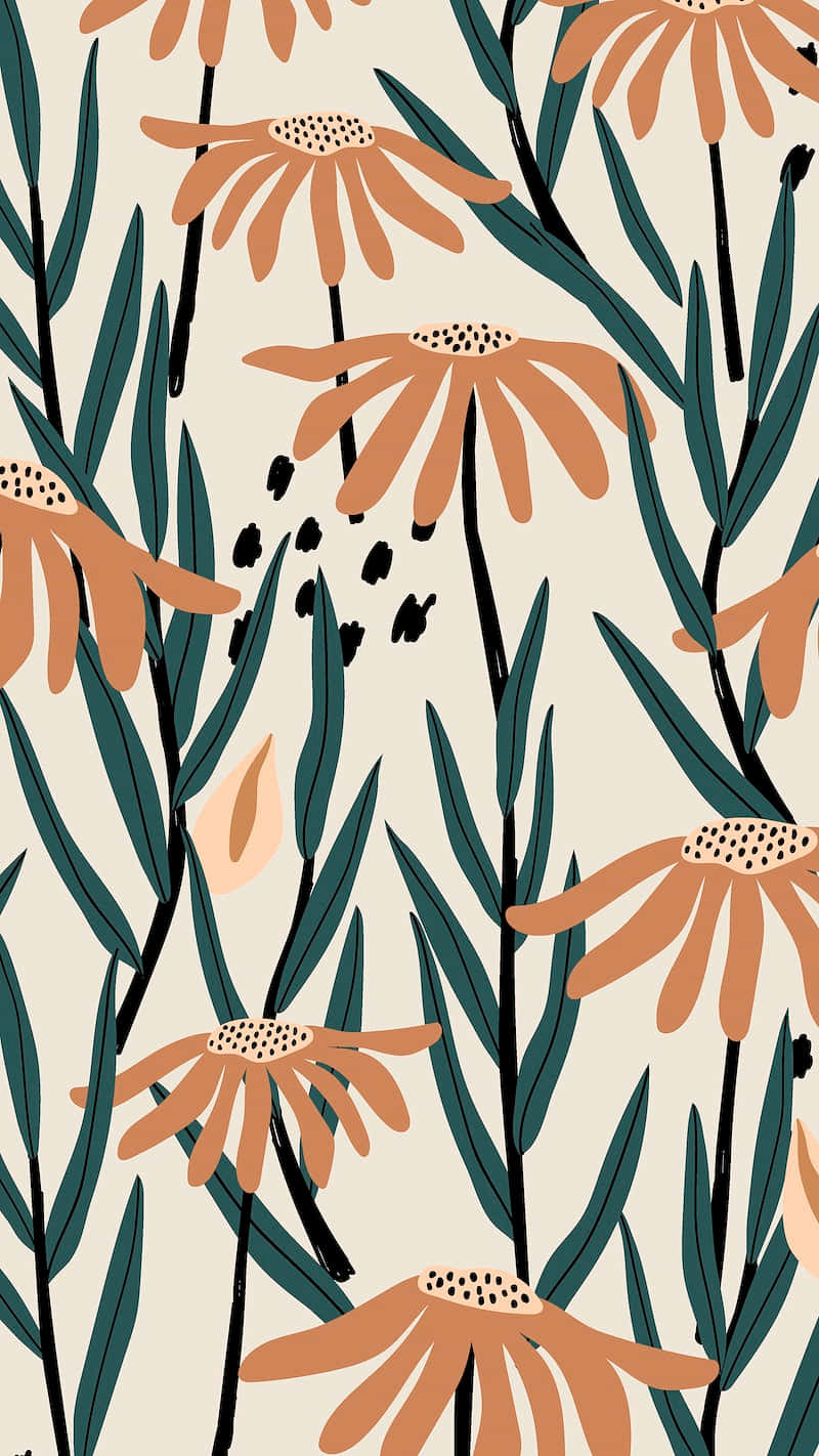 Et mønster med orange blomster og blade på et hvidt baggrund. Wallpaper