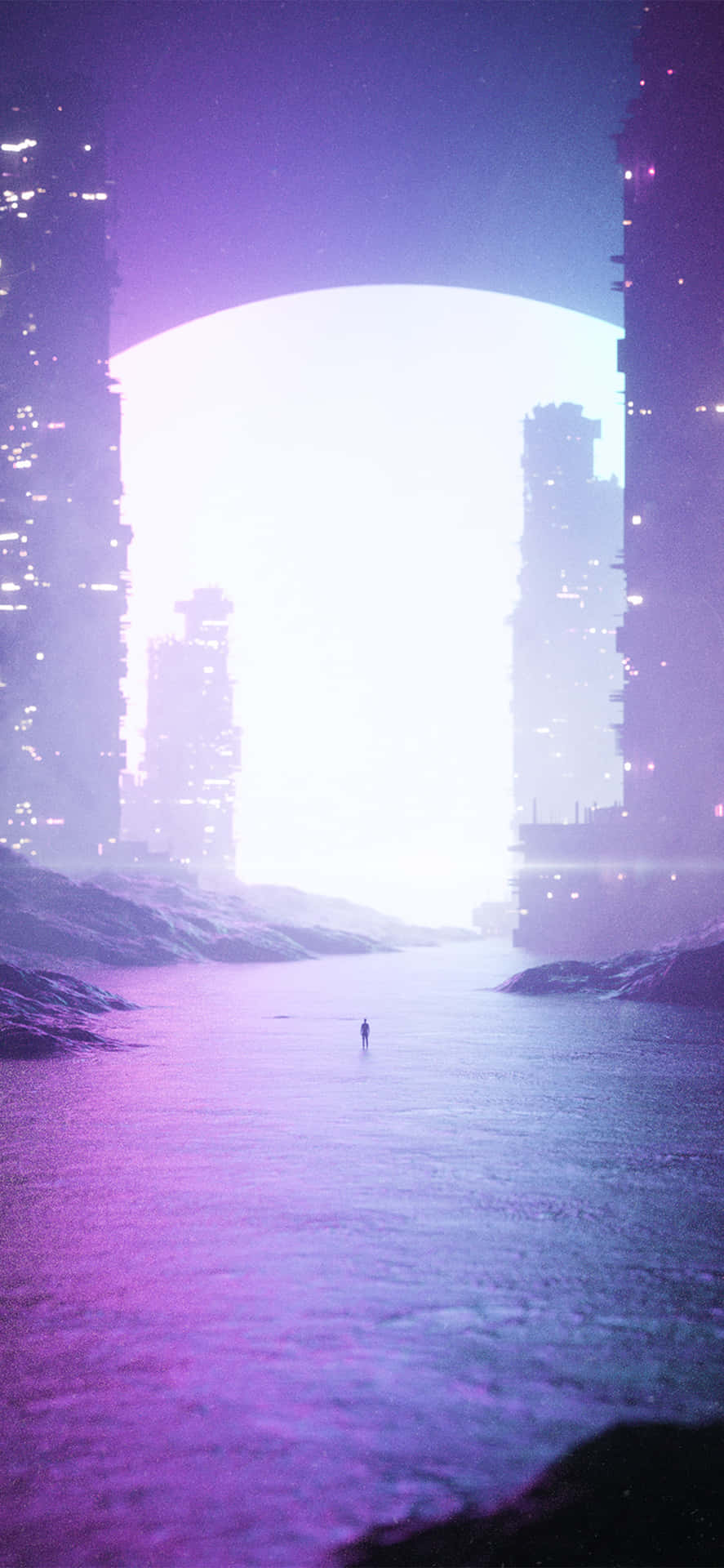 A City With A Purple Sky And A City In The Background Wallpaper