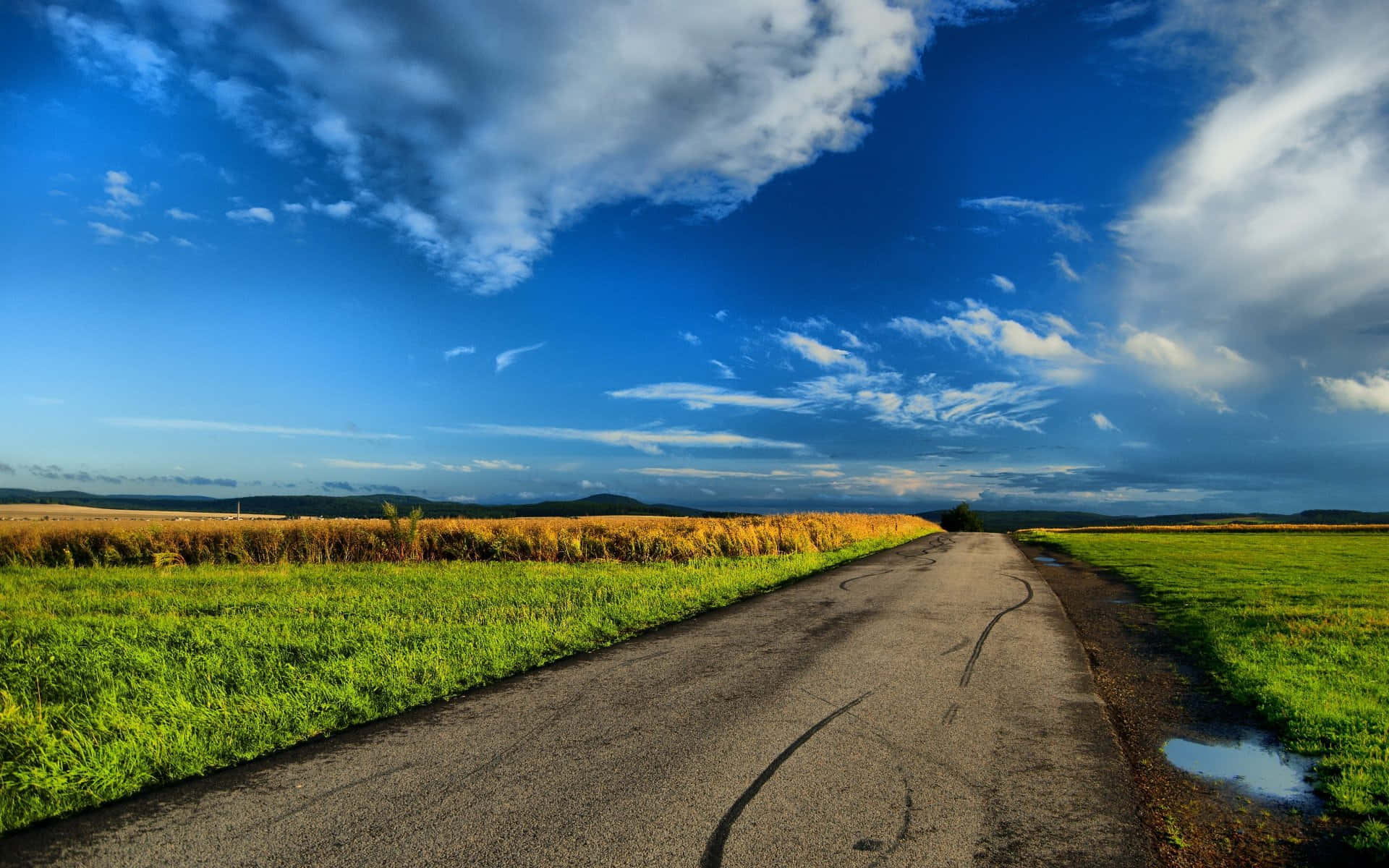 Country Road Grass Field And Sky Background