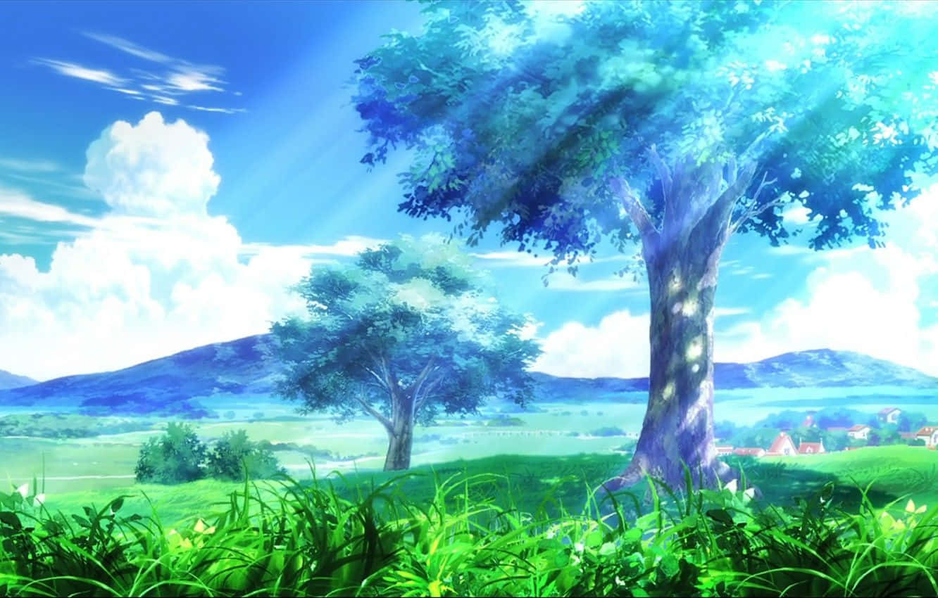 Anime Forest Grass And Sky Background