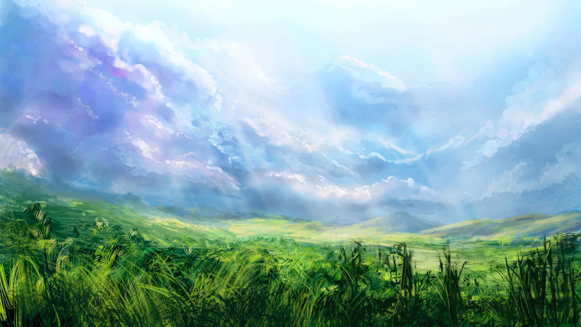 Realistic Grass Field And Blue Sky Painting Background