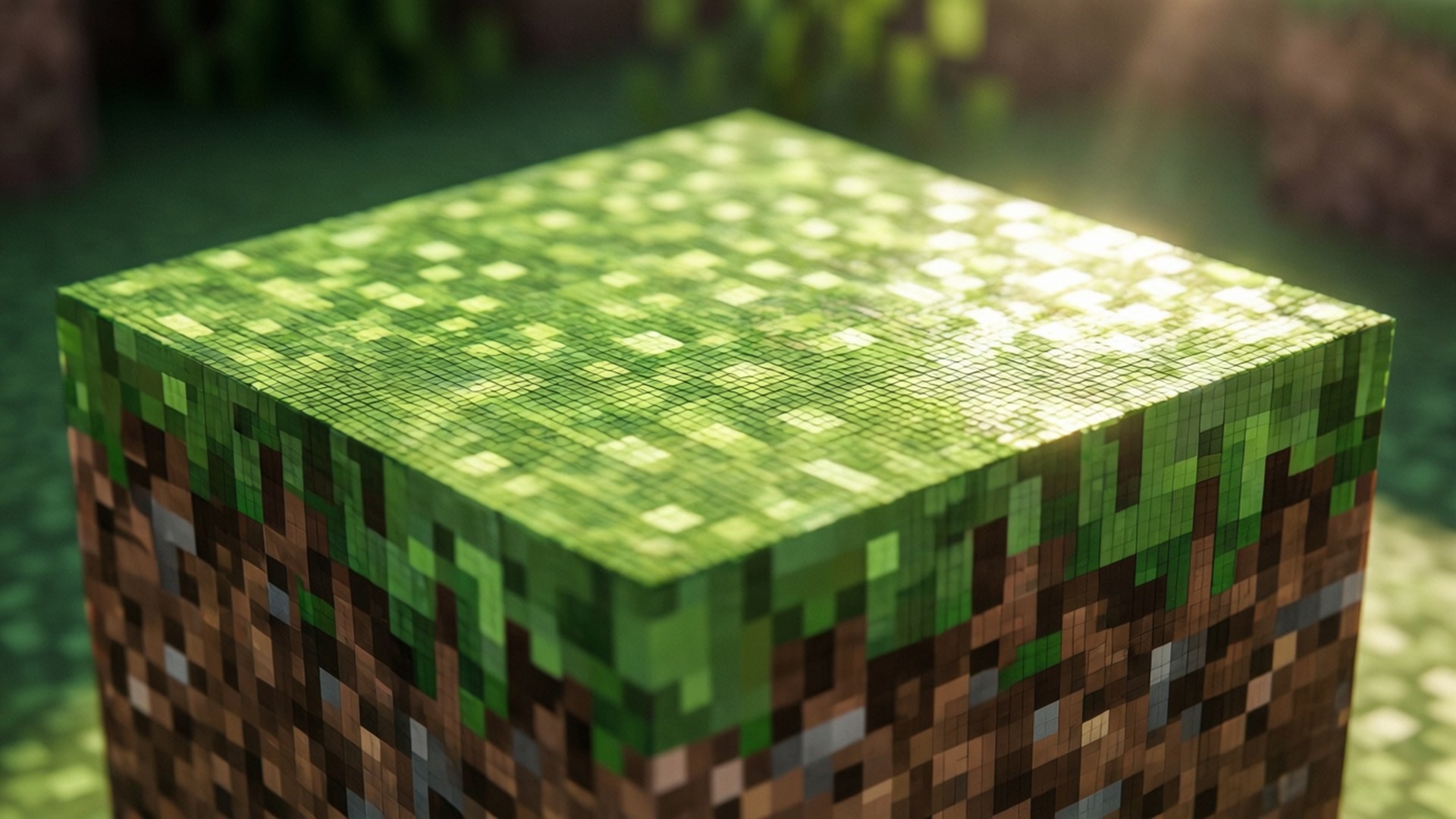 Bloc d'herbe macro Fonds d'écran — Vue macro détaillée d'un bloc d'herbe Minecraft avec lumière du soleil
