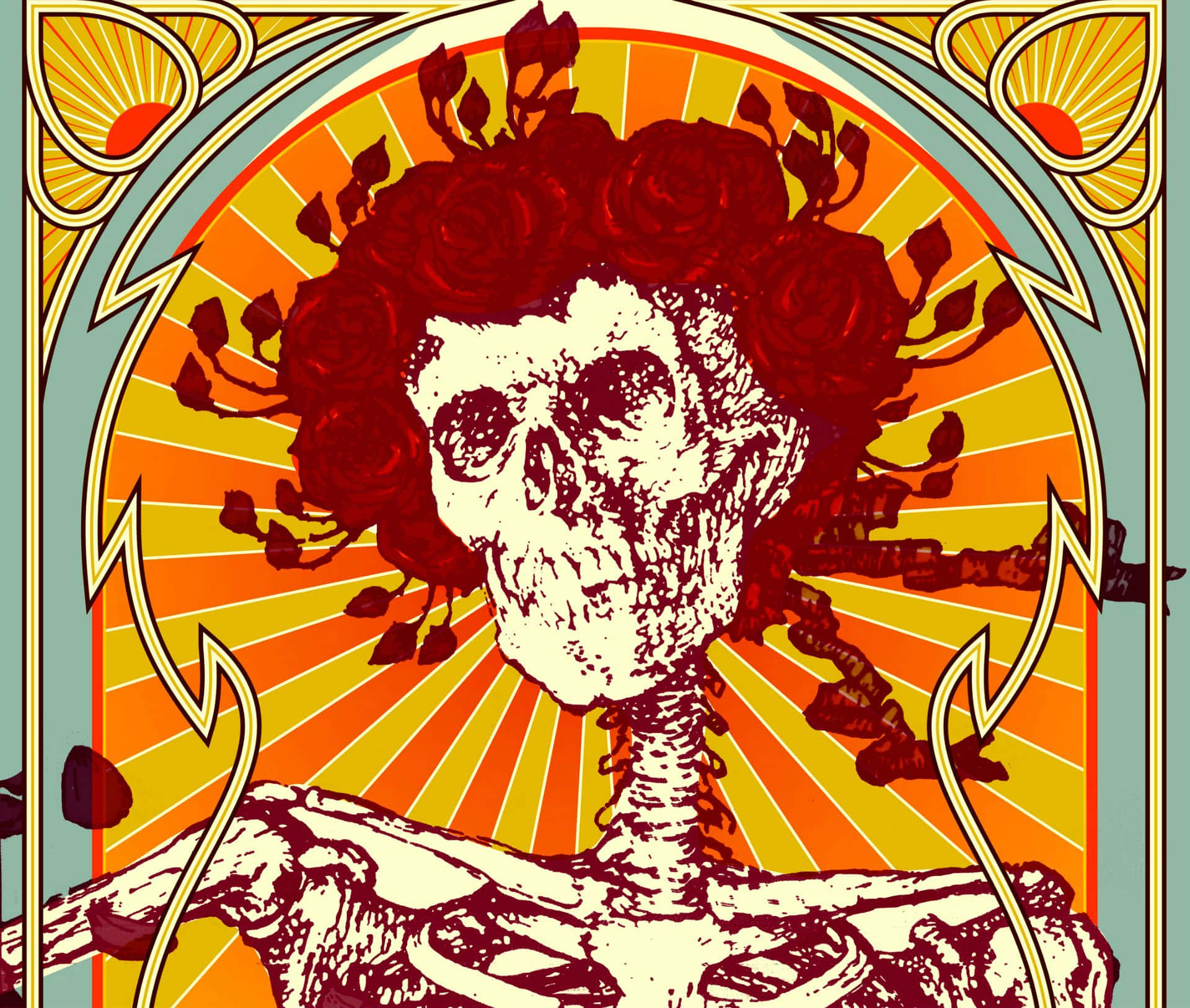 A Poster With A Skeleton And Roses Wallpaper