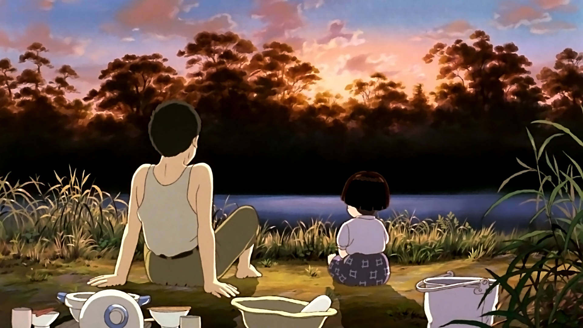 Grave Of The Fireflies Sunset Over Lake Background
