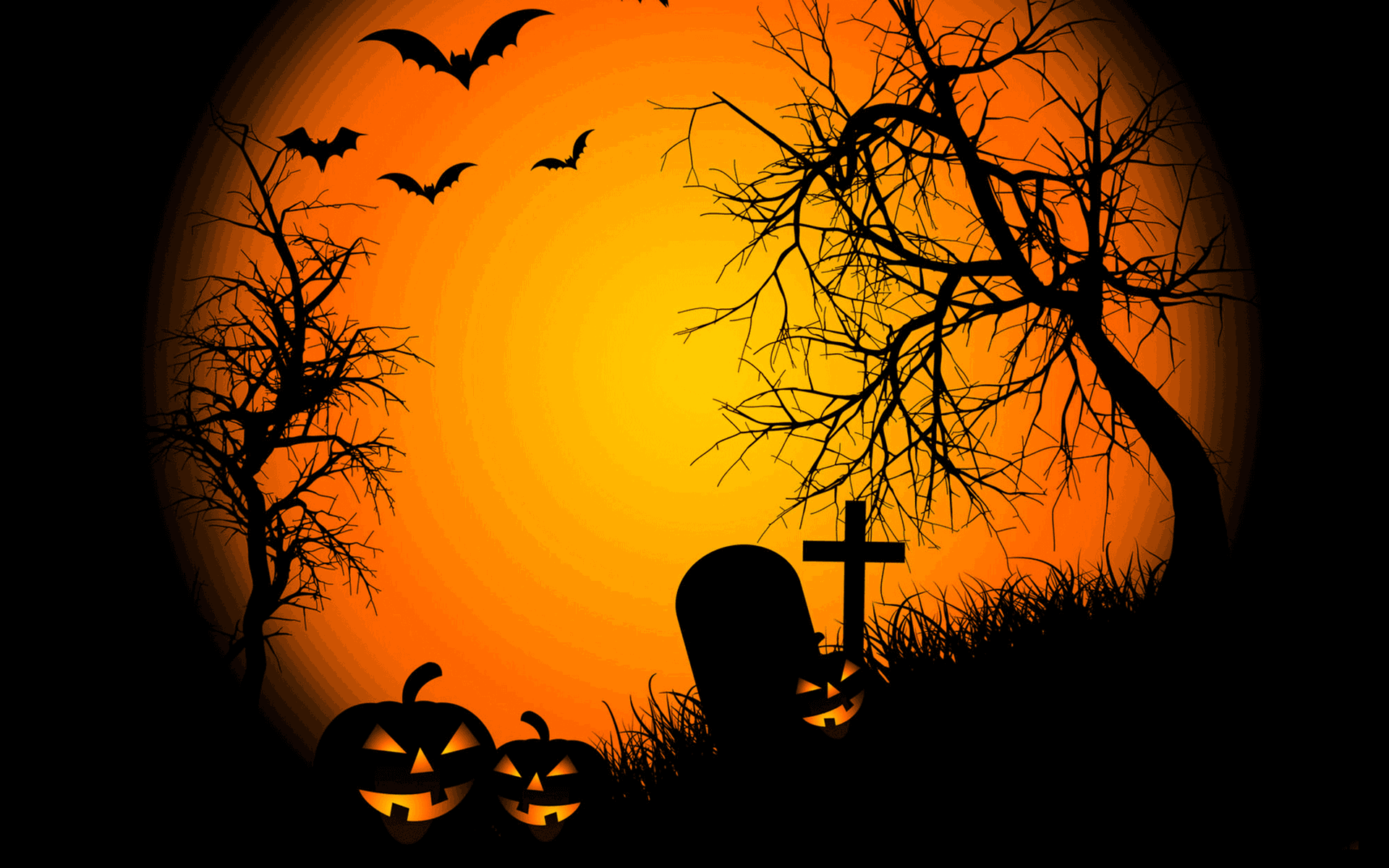 Mörkoch karg kyrkogård Bakgrunder — Silhuetterade fladdermöss, pumpor och gravstenar står mot en glödande orange solnedgång på en spöklik Halloween-kyrkogård.