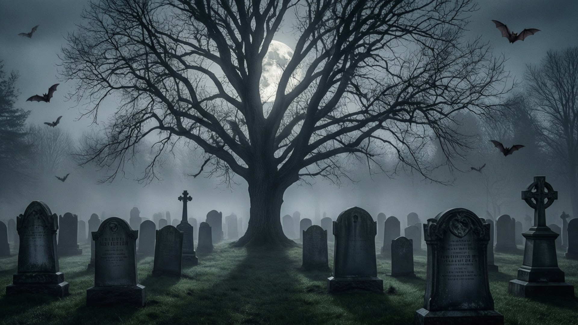 Cimitero nebbioso con lapidi e pipistrelli che volano sotto una luna piena.