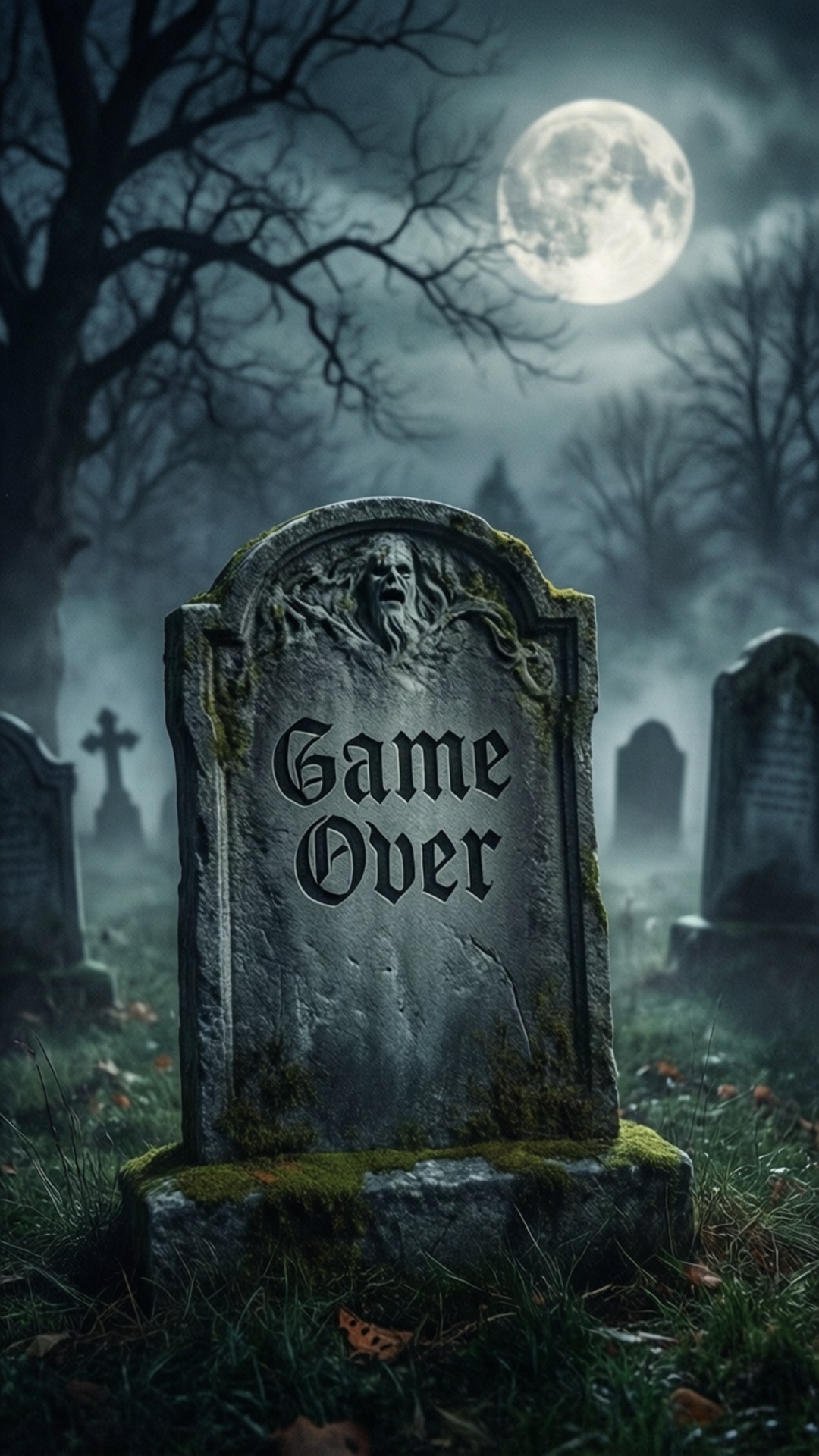 Game over på en gravsten i en tåget kirkegård om natten.