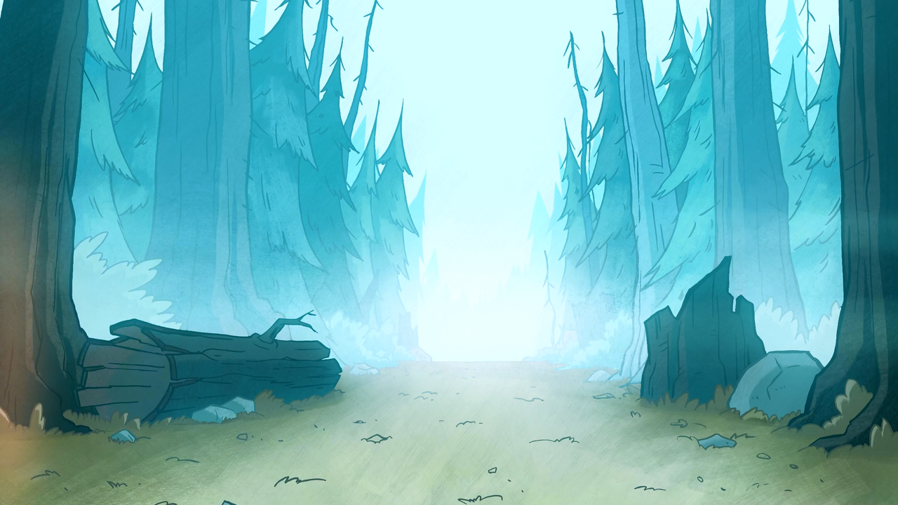 Disover The Mystery of Gravity Falls Background — A misty forest path framed by towering blue-green trees with soft light filtering through the canopy.