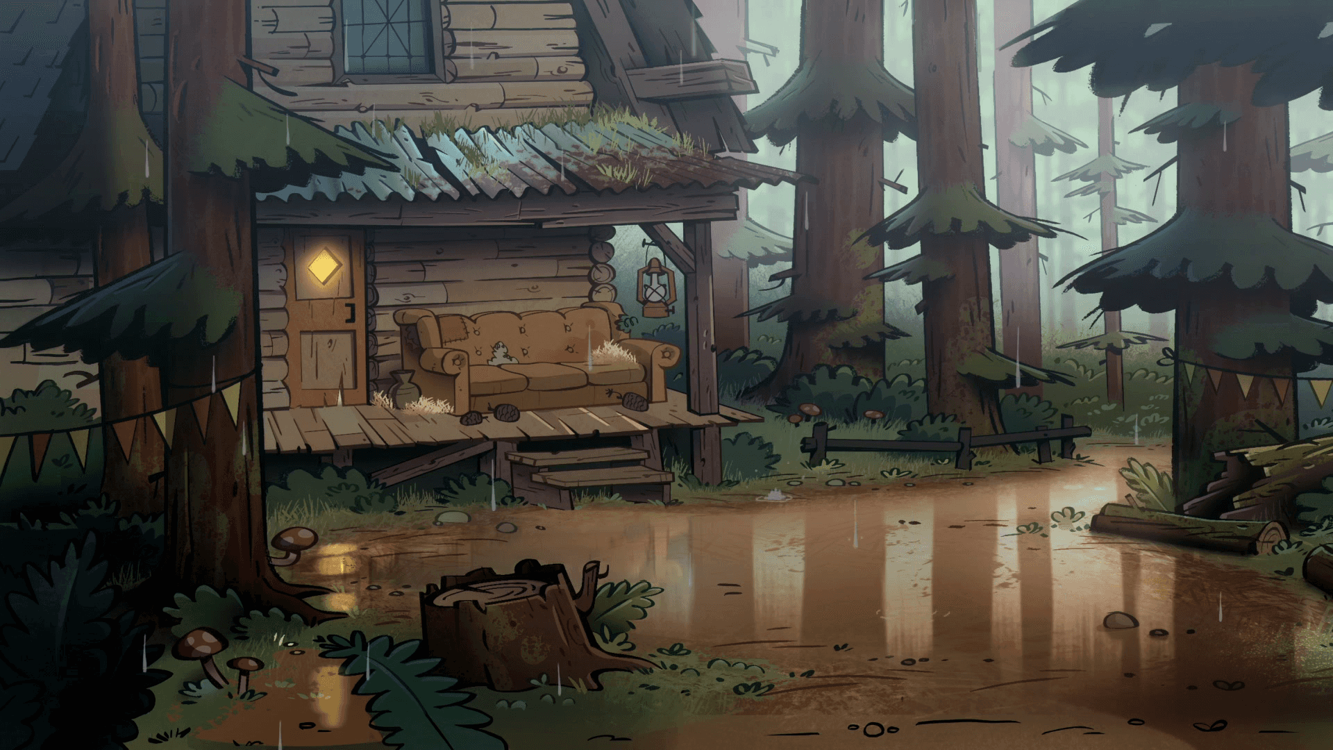 a cabin in the woods with a pond Background — A cozy wooden cabin with a lit porch lamp sits nestled in a misty rain-soaked forest with towering trees and glowing mushrooms.