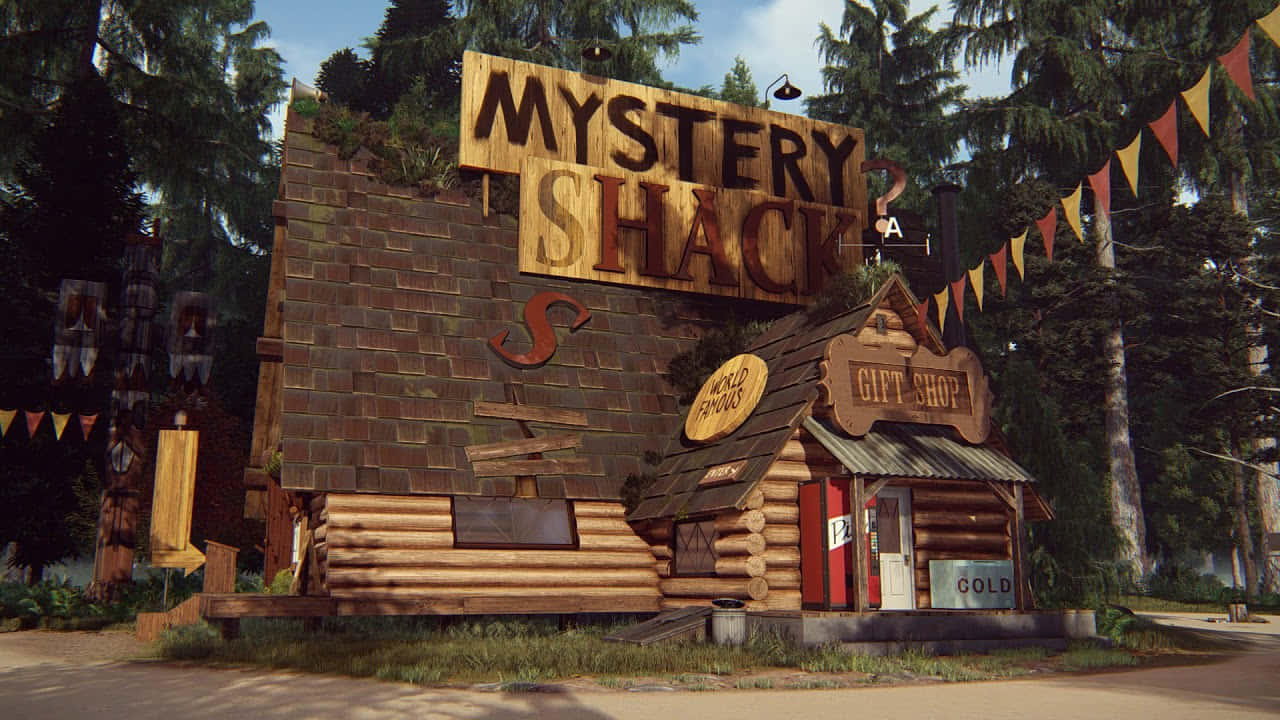 Et screenshot af et bygning med ordene mysterie hytte