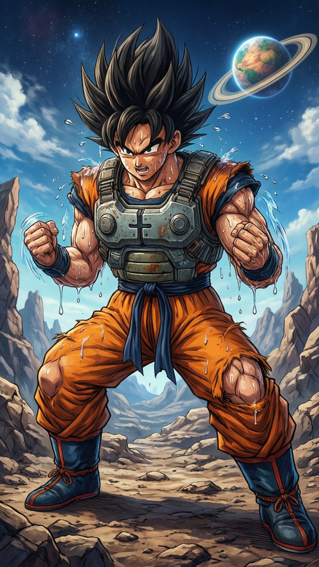 Goku berlatih keras di planet King Kai.