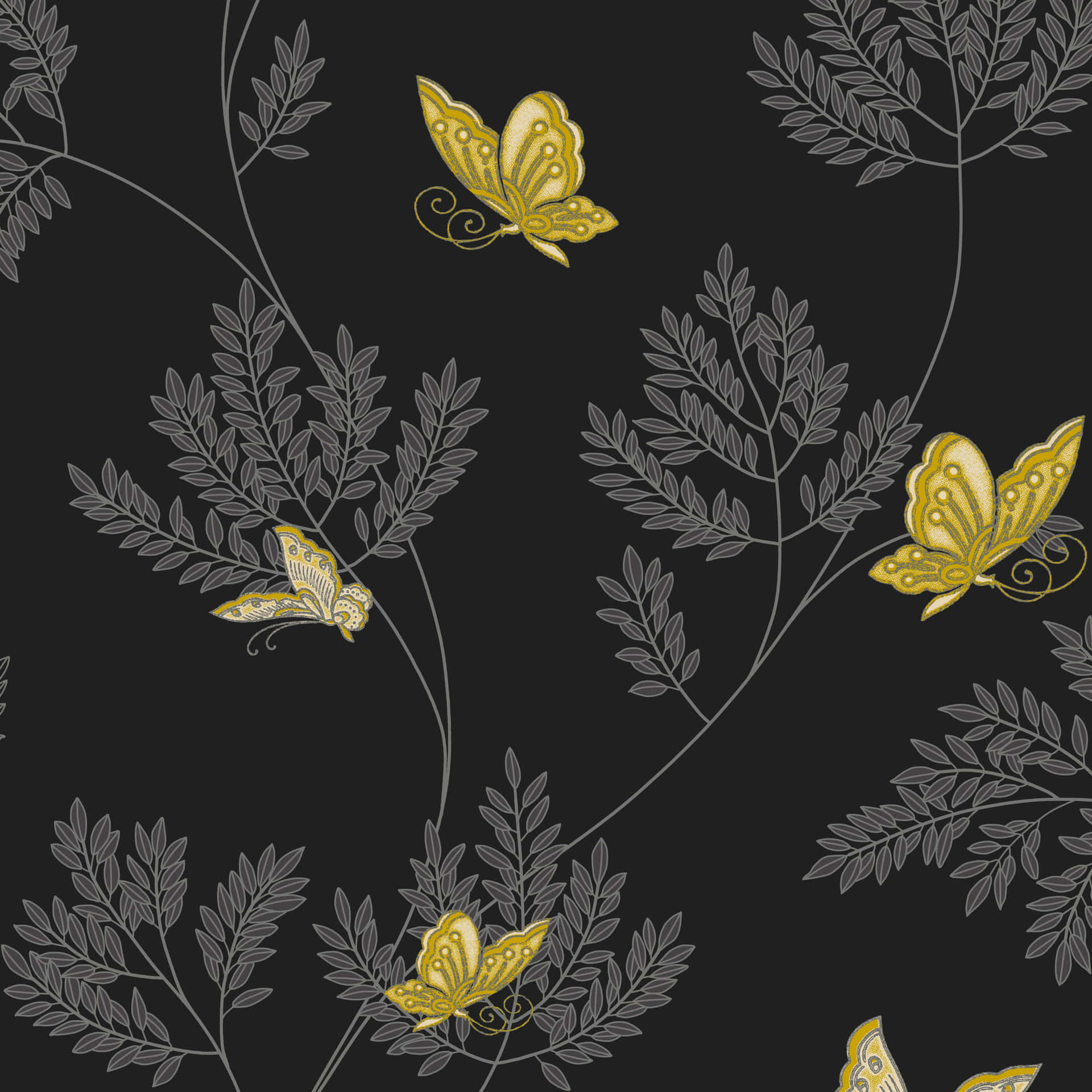 En sort og guld tapet med sommerfugle Wallpaper