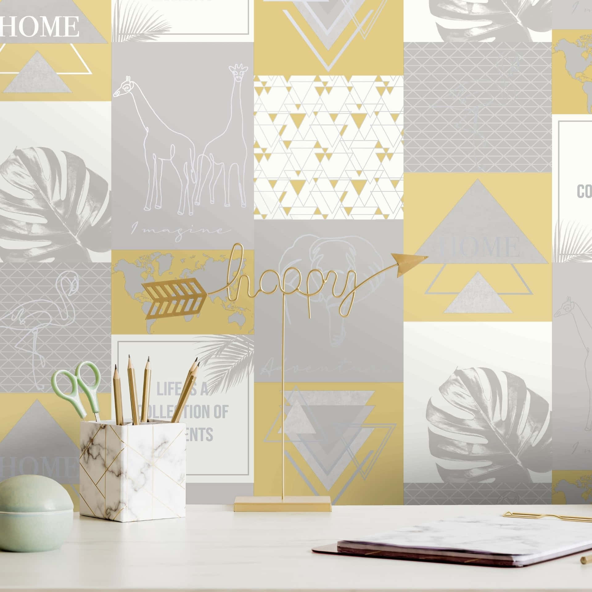 A Yellow And Grey Wallpaper With A Desk And A Pen Wallpaper