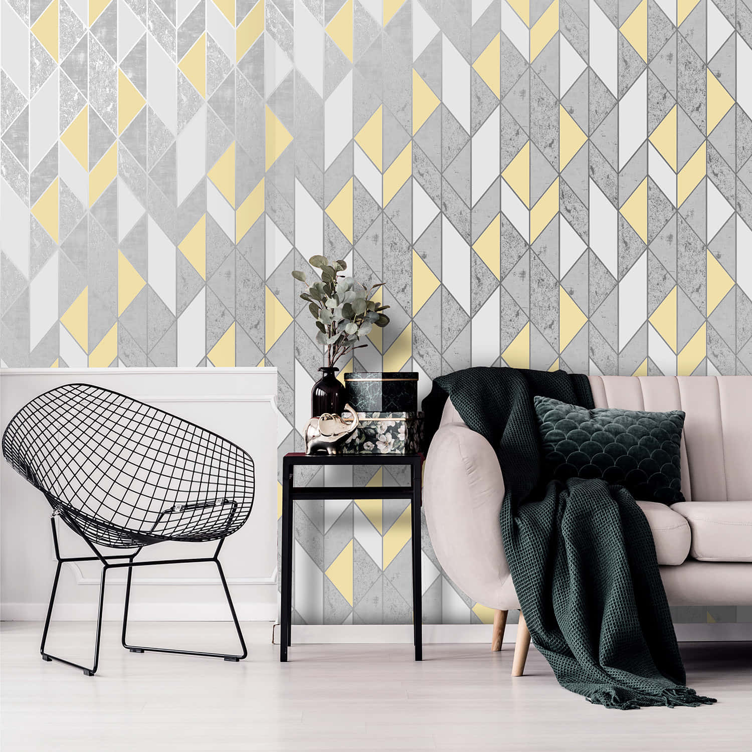 Gray And Yellow Geometric Living Room Wallpaper