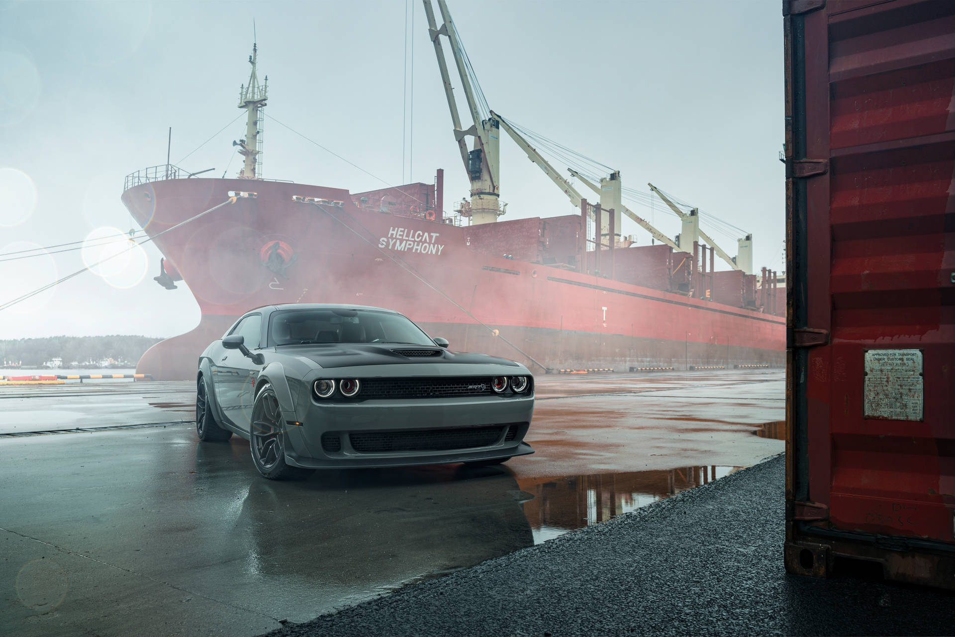 Gray Dodge Challenger Demon 4k In A Port Background