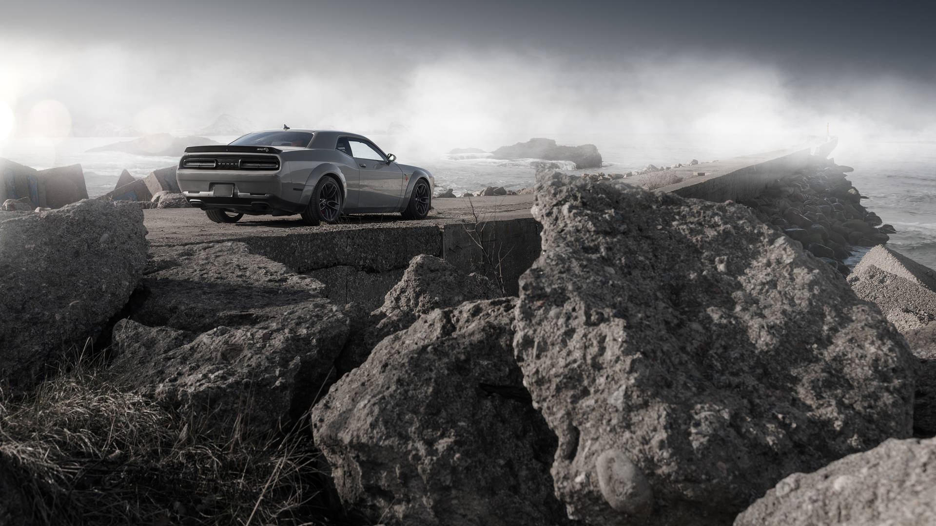 Gray Dodge Challenger Demon 4k On A Ruined Road Wallpaper