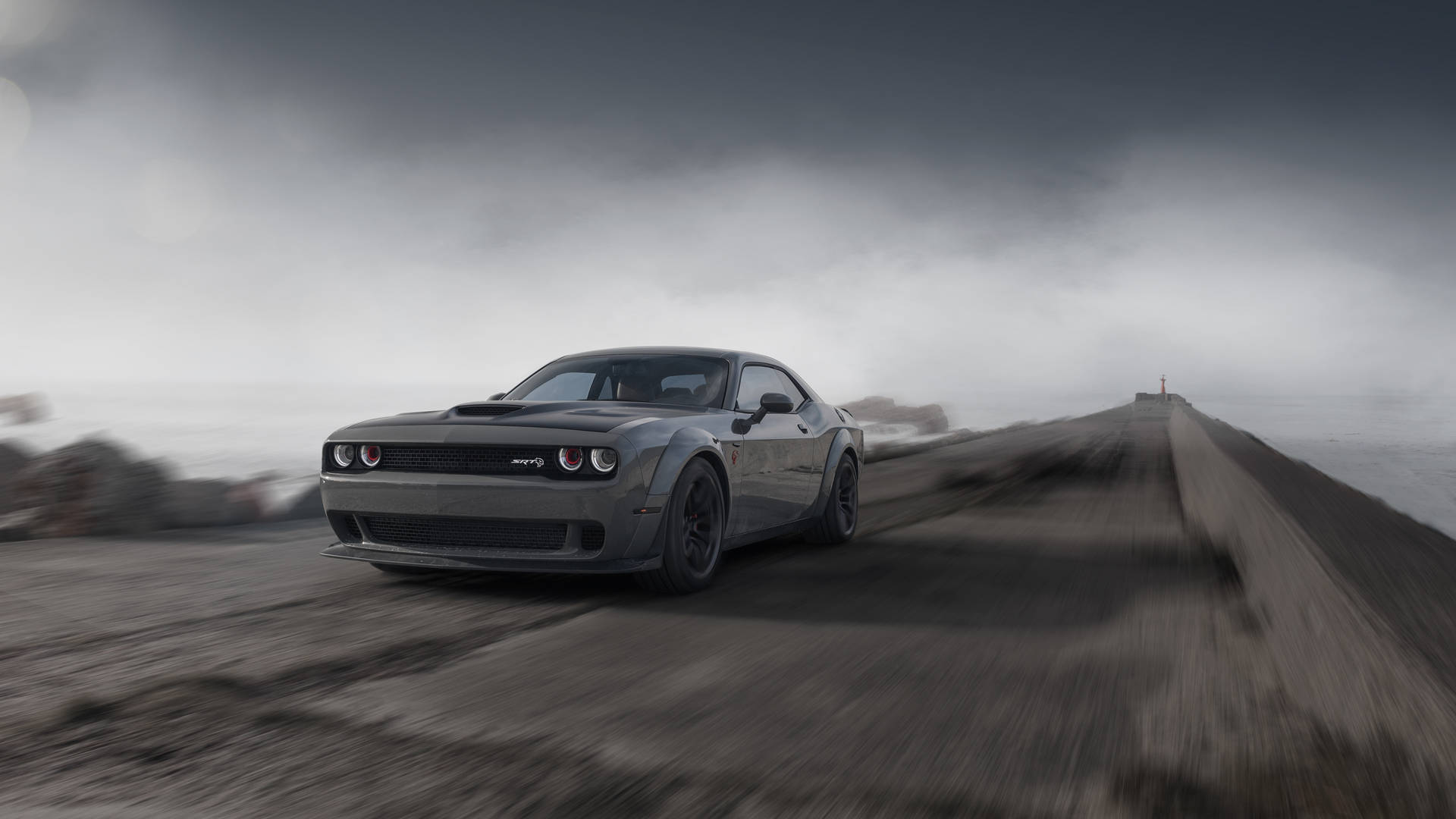 Gray Dodge Challenger Demon 4K On A Smoky Road Wallpaper