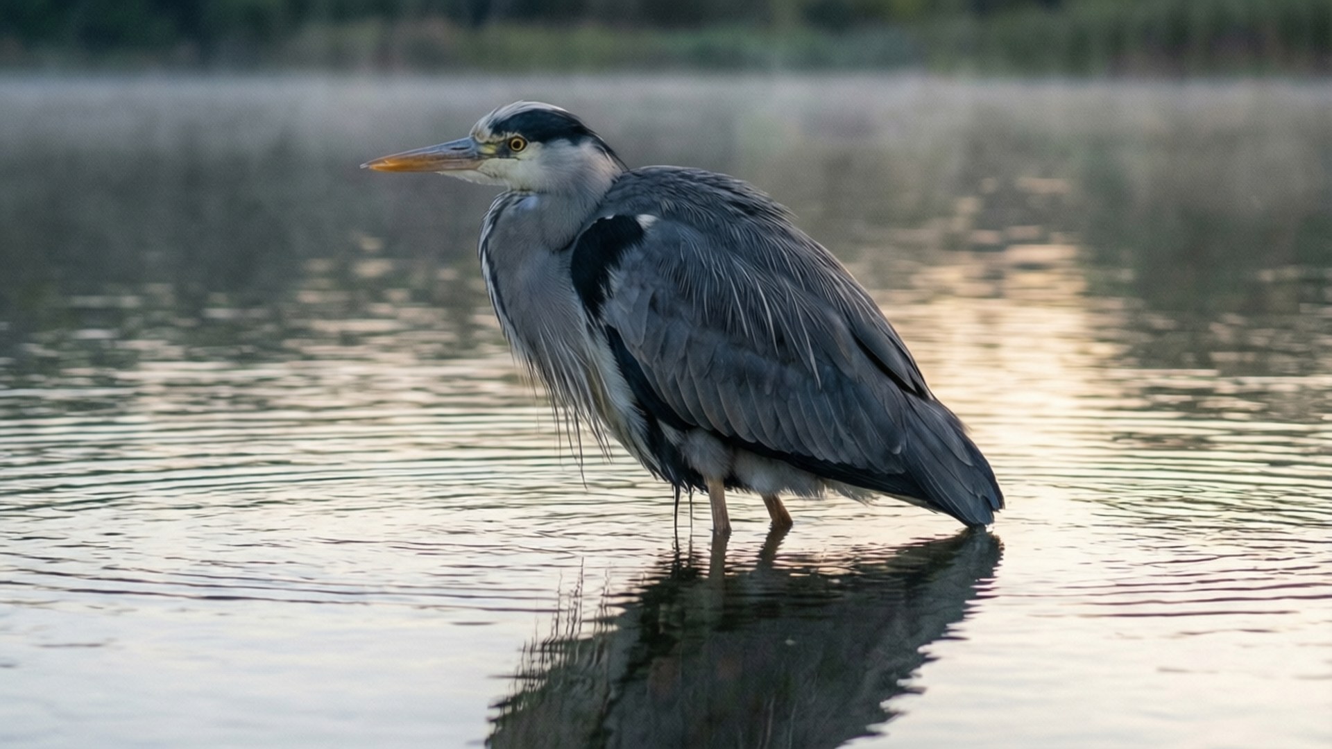Grey heron standing in shallow water with reflection and golden light on ripples