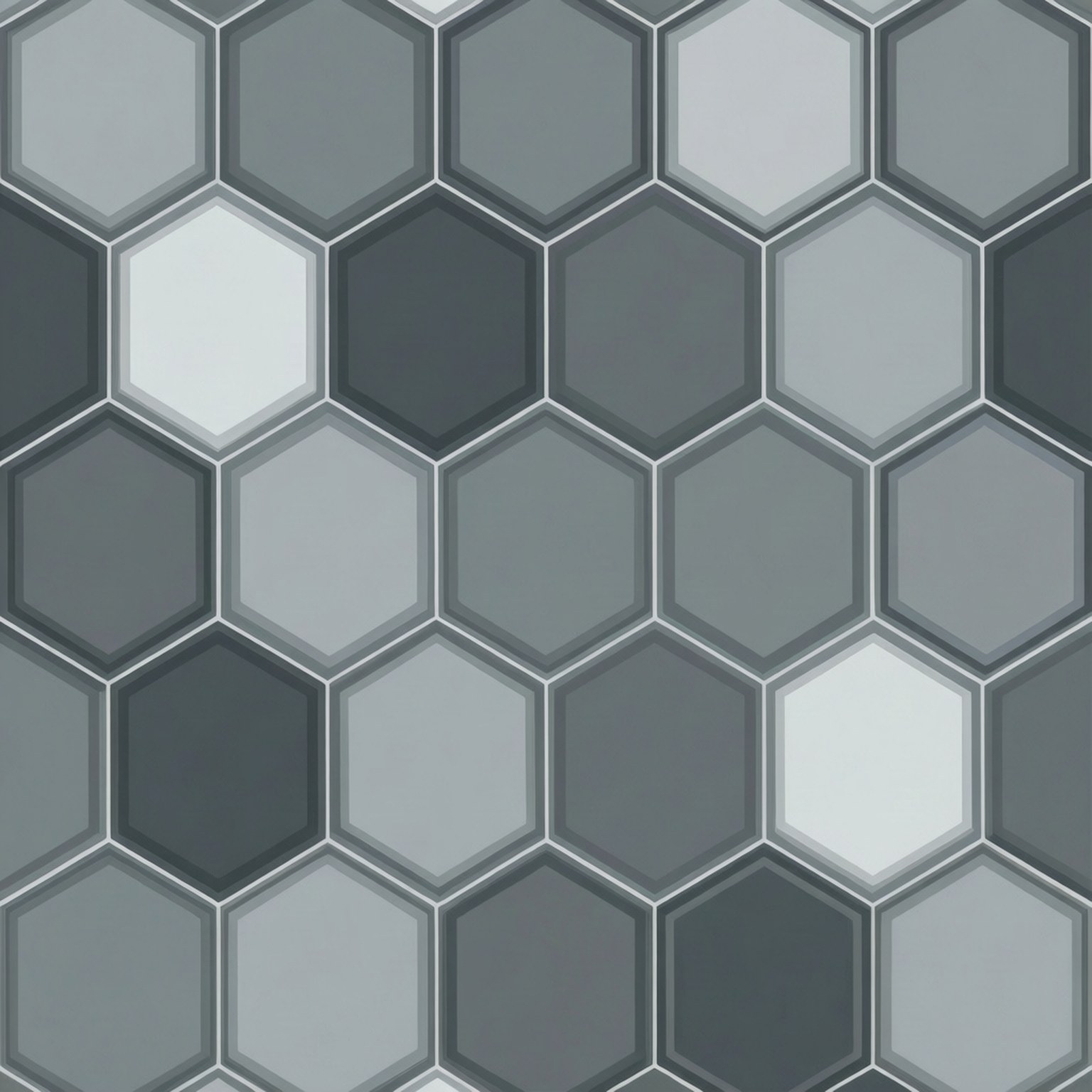 Wallpaper with repeating hexagonal tiles in gray tones and white borders