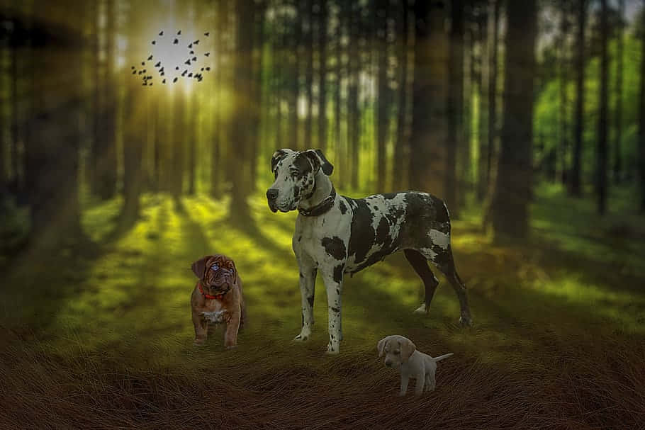 Great Dane With Friends In Forest Wallpaper