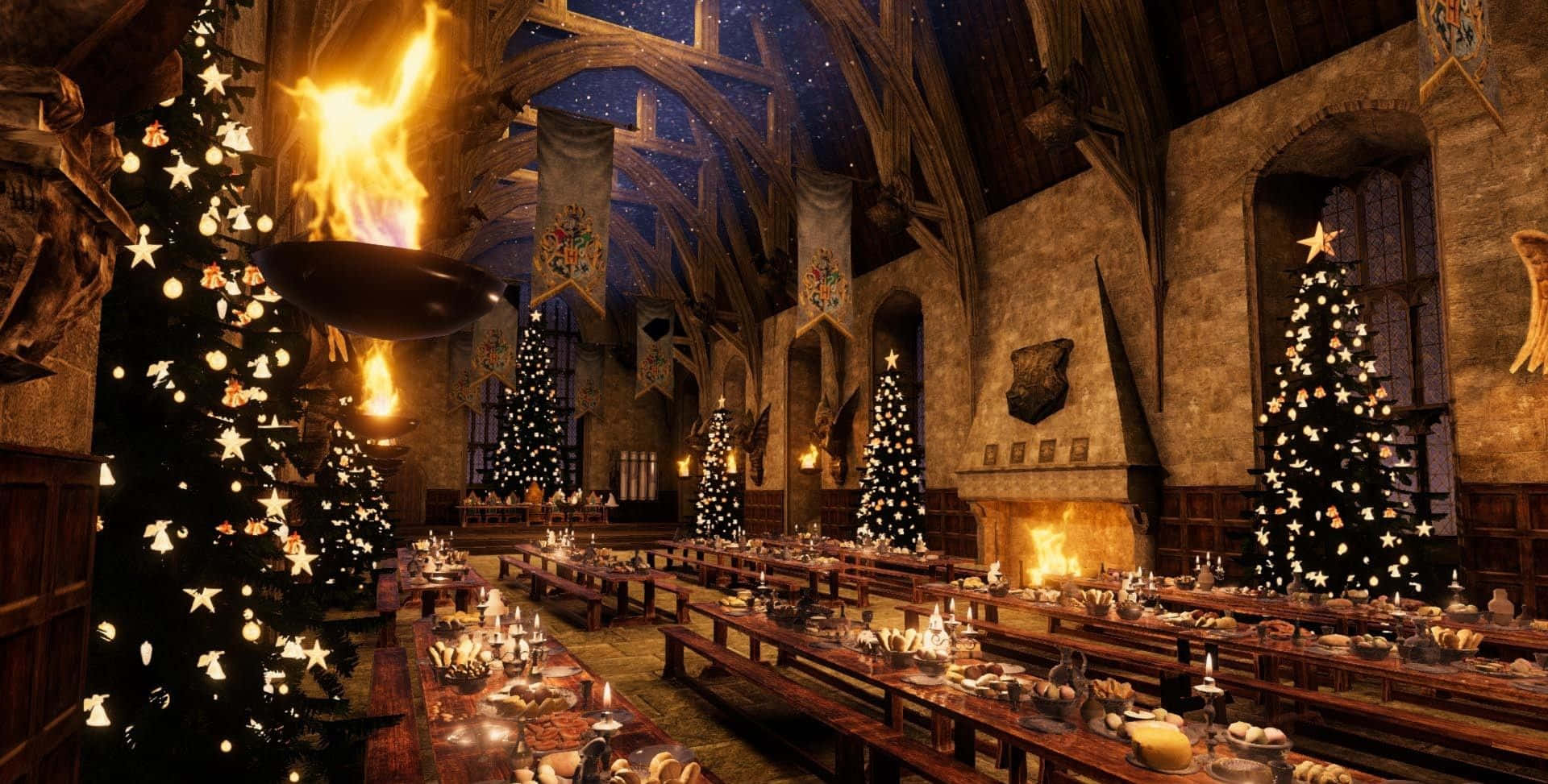 The Enchanting Great Hall of Hogwarts School Wallpaper