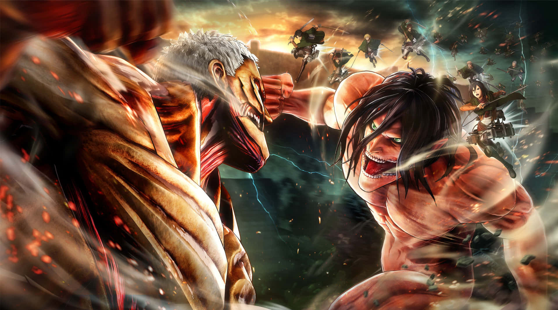 Epic battles between titans take place in the Great Titan War Wallpaper