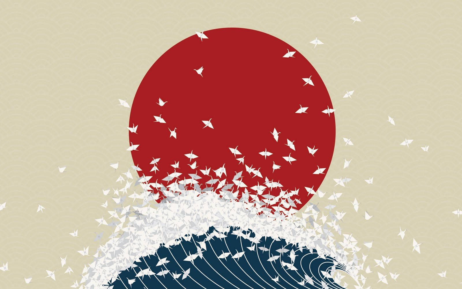Stor Bølge Med Rød Sol Japansk Wallpaper