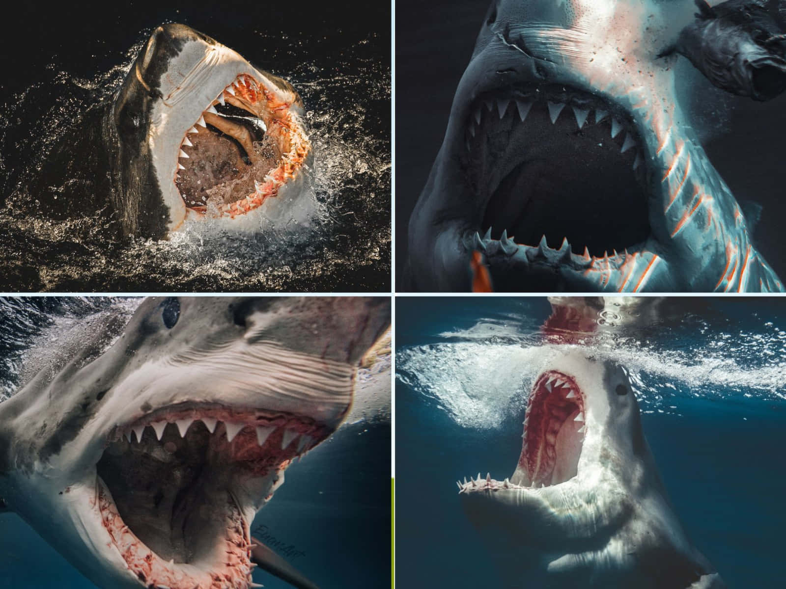 Fire billeder af hajer med deres munde åbne