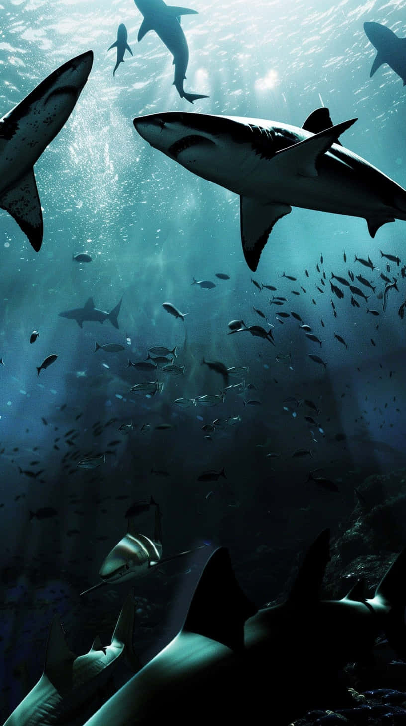 Great_ White_ Shark_ School_ Underwater Wallpaper