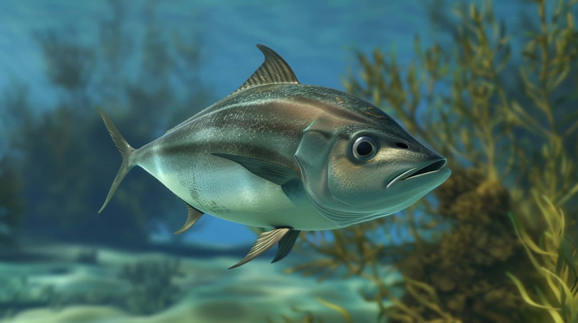 Ikan Amberjack Besar Berenang Di Bawah Air.jpg Wallpaper