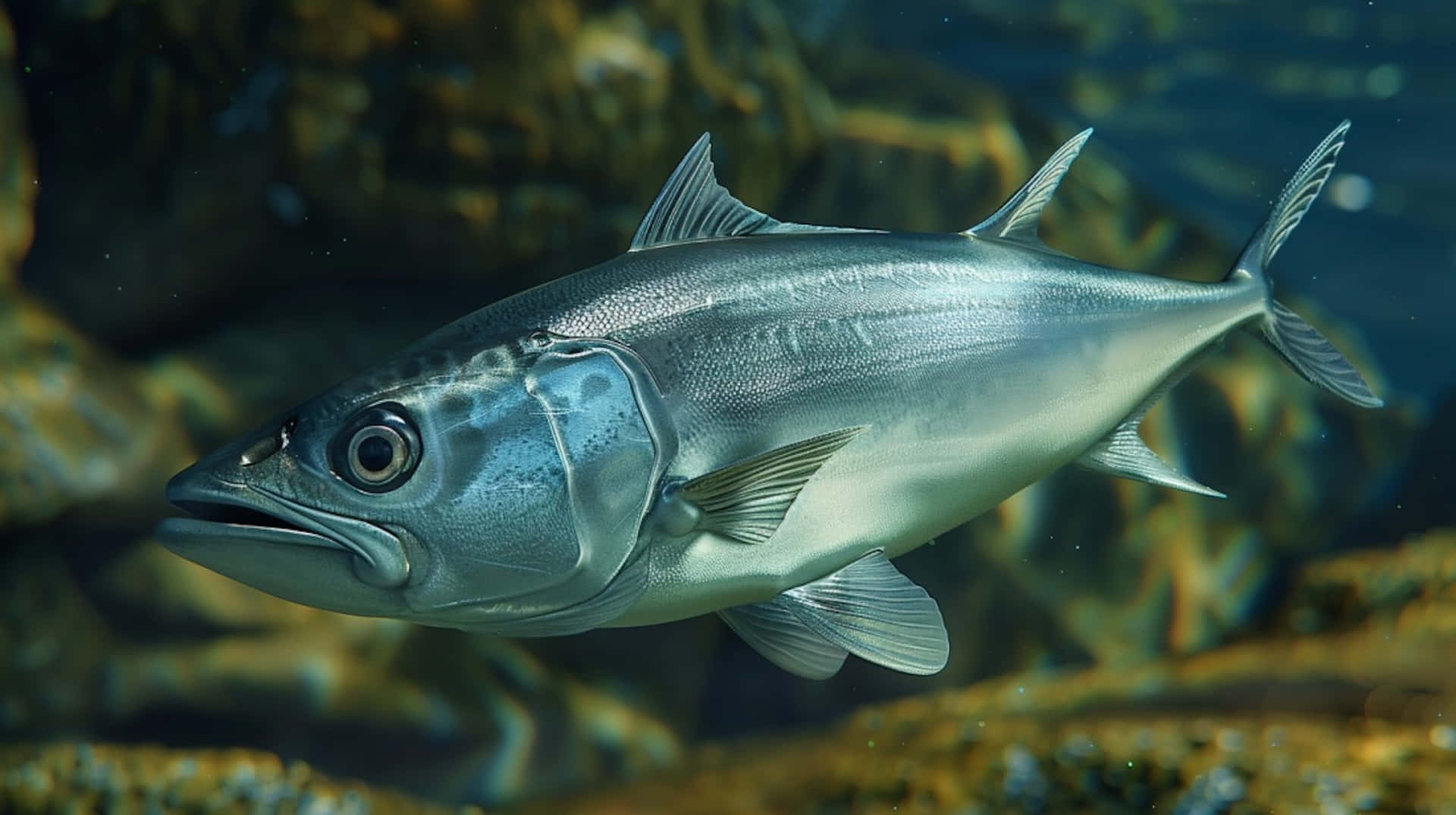 Greater Amberjack Swimming Underwater.jpg Wallpaper