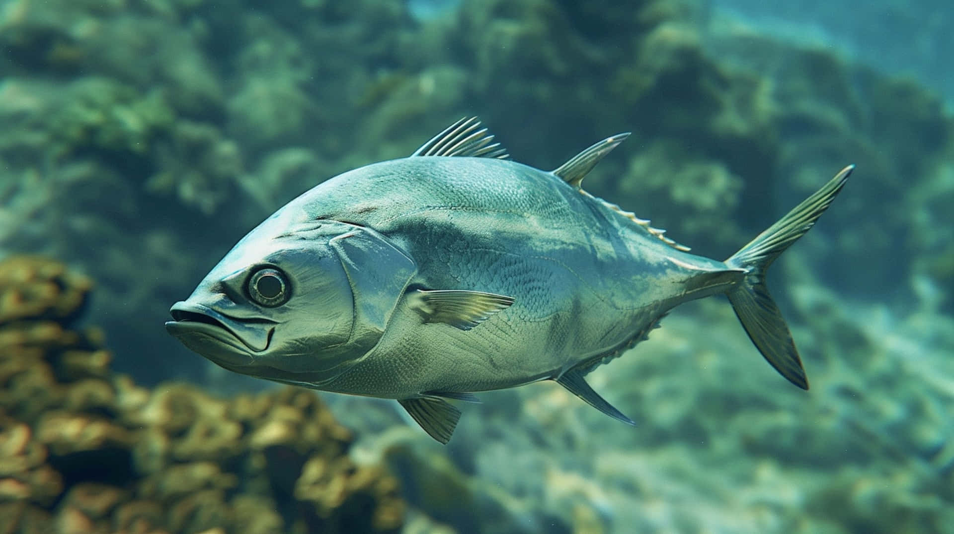 Greater Amberjack Swimming Underwater.jpg Wallpaper