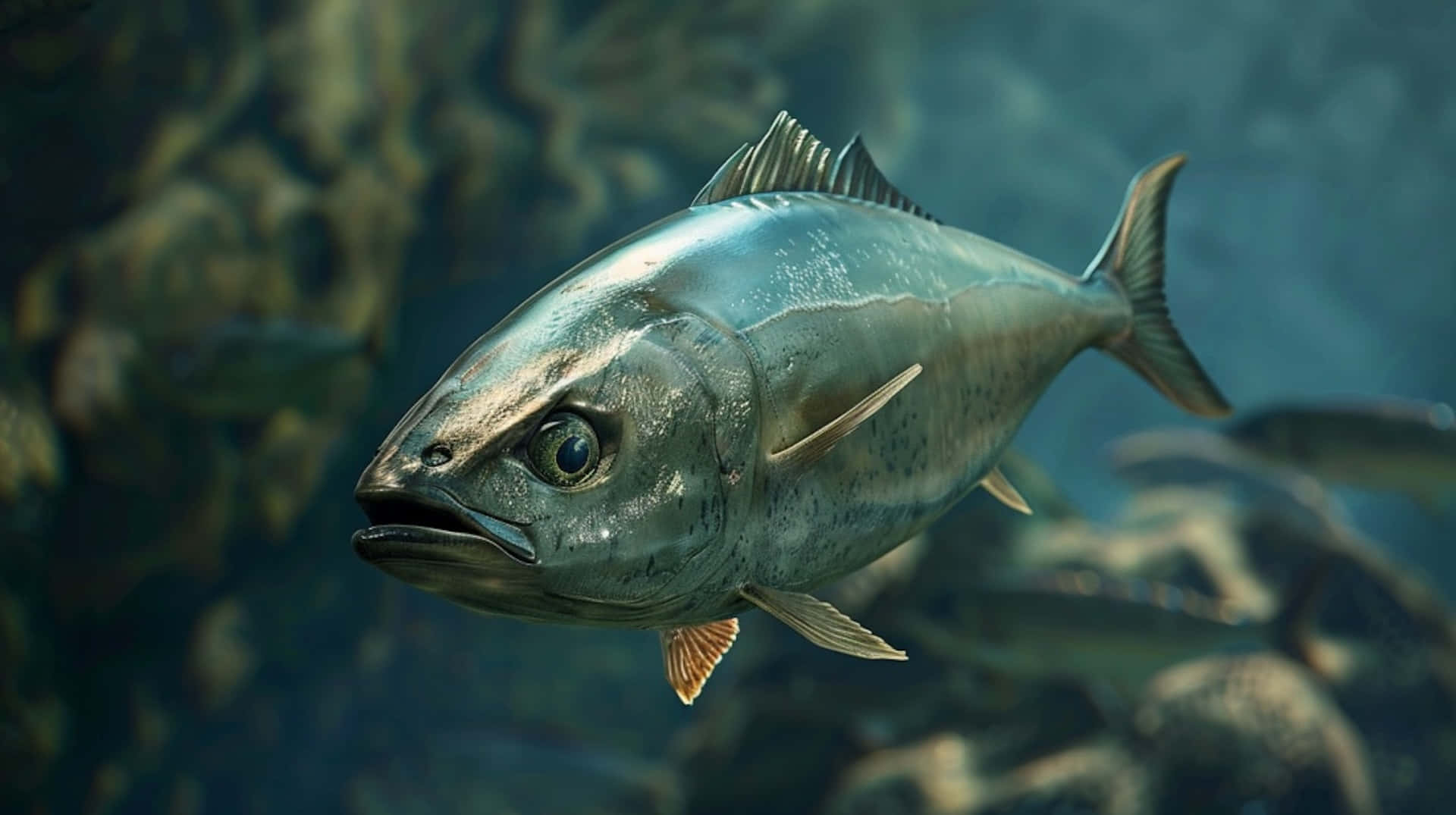 Greater Amberjack Swimming Underwater.jpg Wallpaper