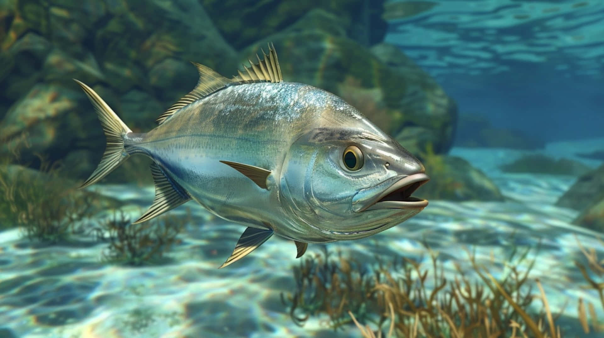 Greater Amberjack Swimming Underwater Wallpaper