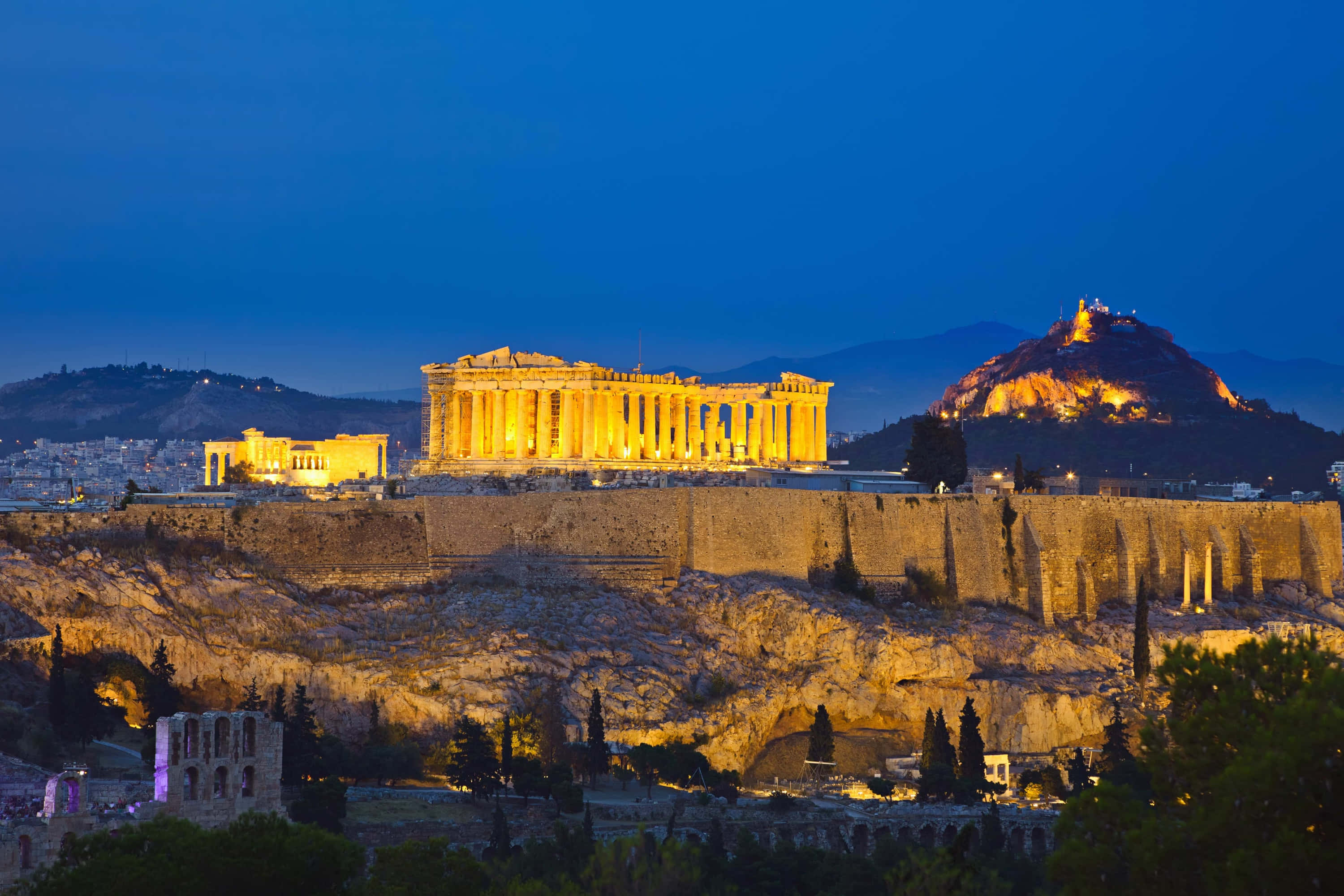 Colorful sunset lights up the Greek landscape