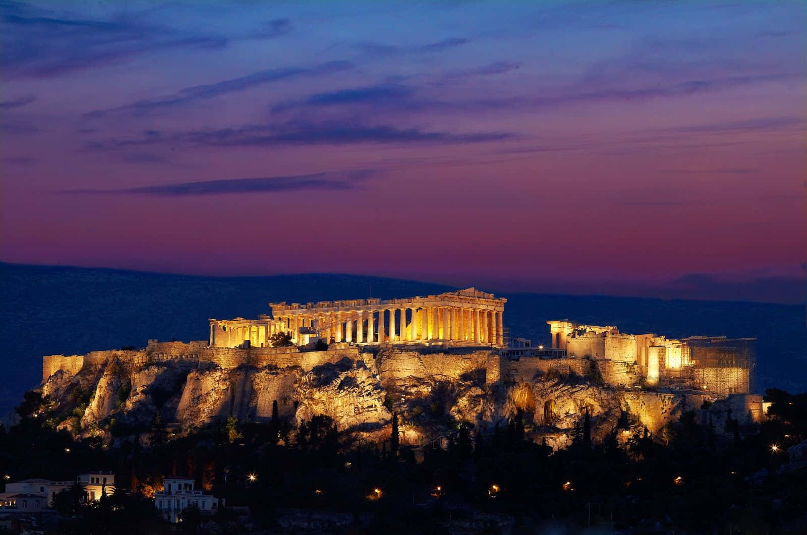 Greek Acropolis On Rock During Twilight Wallpaper
