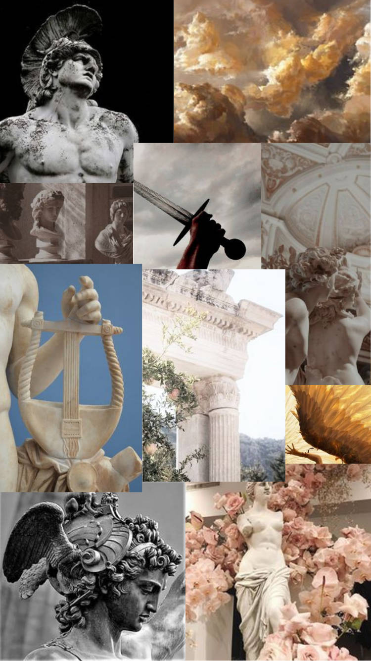 A Collage Of Images Of Statues And Flowers Wallpaper